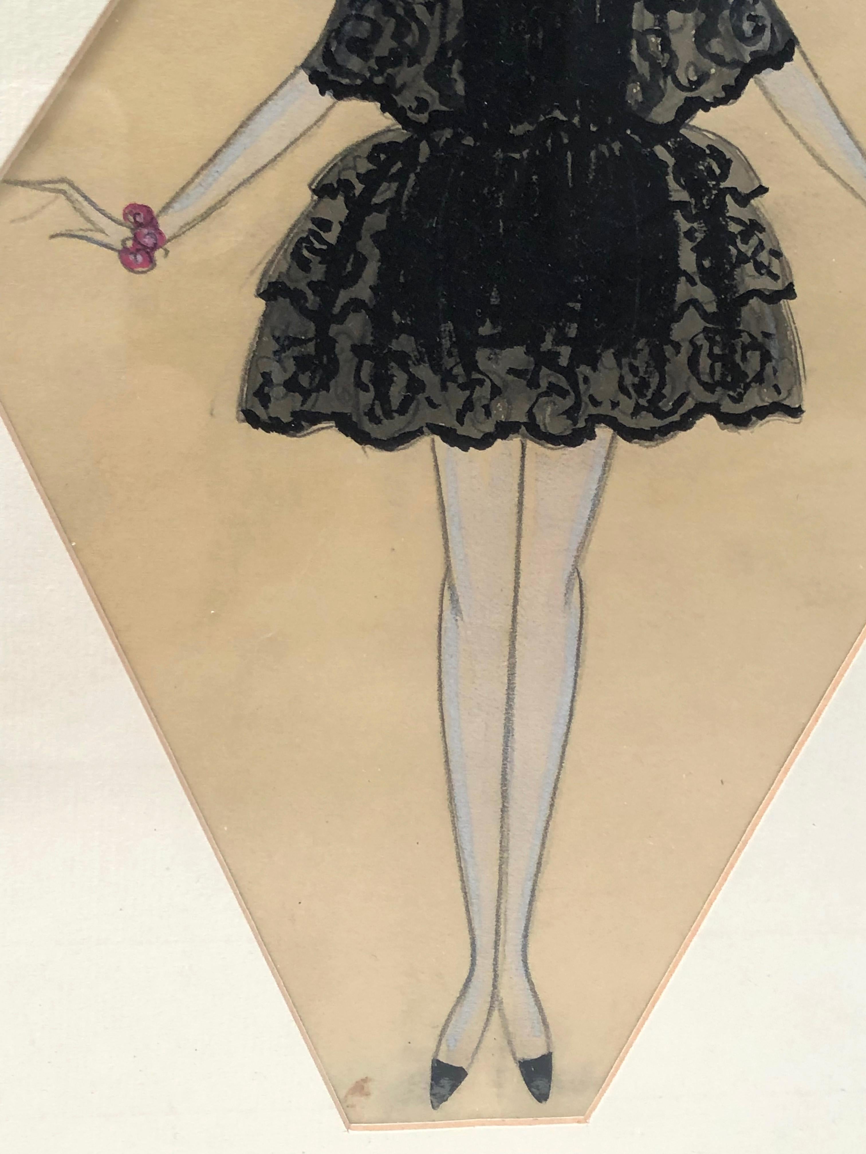 Art Deco Period Fashion or Costume Drawing of a Venetian Woman In Good Condition In Essex, MA