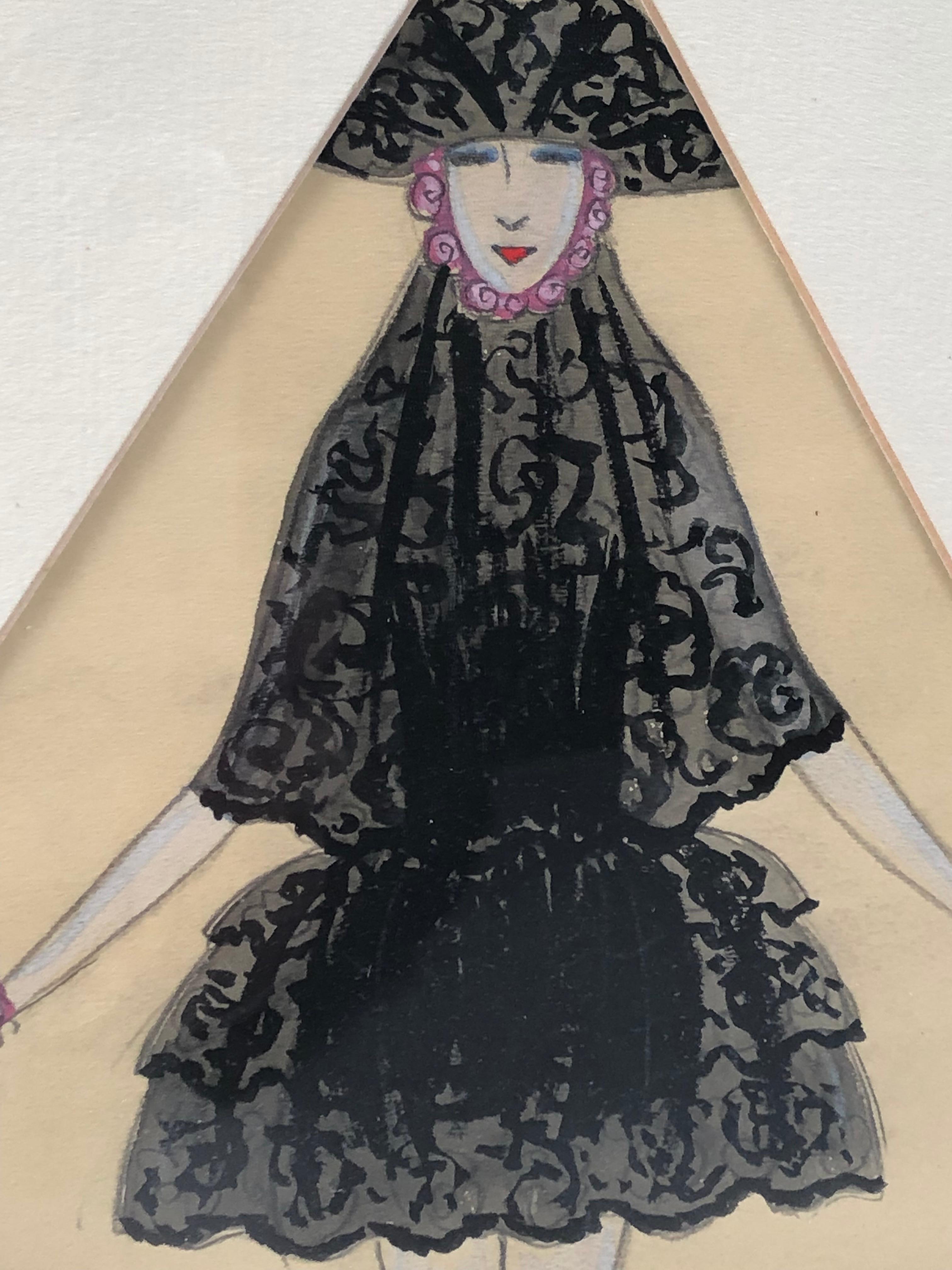 Paper Art Deco Period Fashion or Costume Drawing of a Venetian Woman