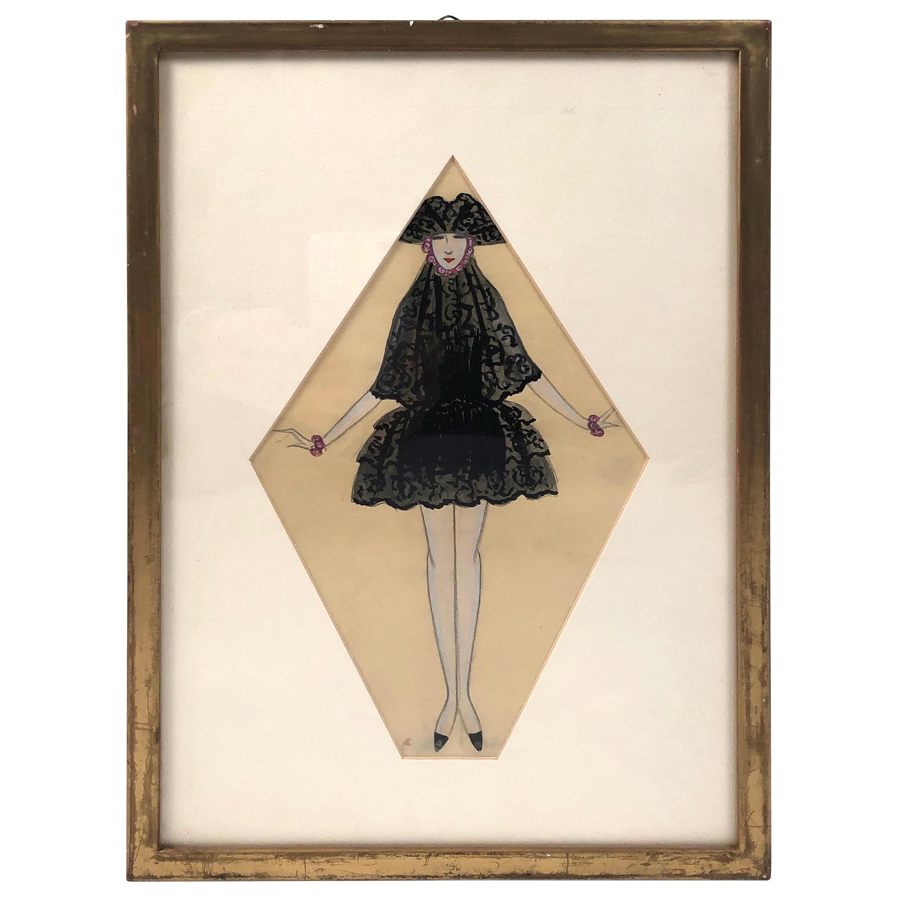 Art Deco Period Fashion or Costume Drawing of a Venetian Woman