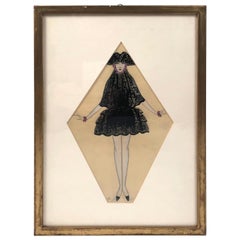 Antique Art Deco Period Fashion or Costume Drawing of a Venetian Woman