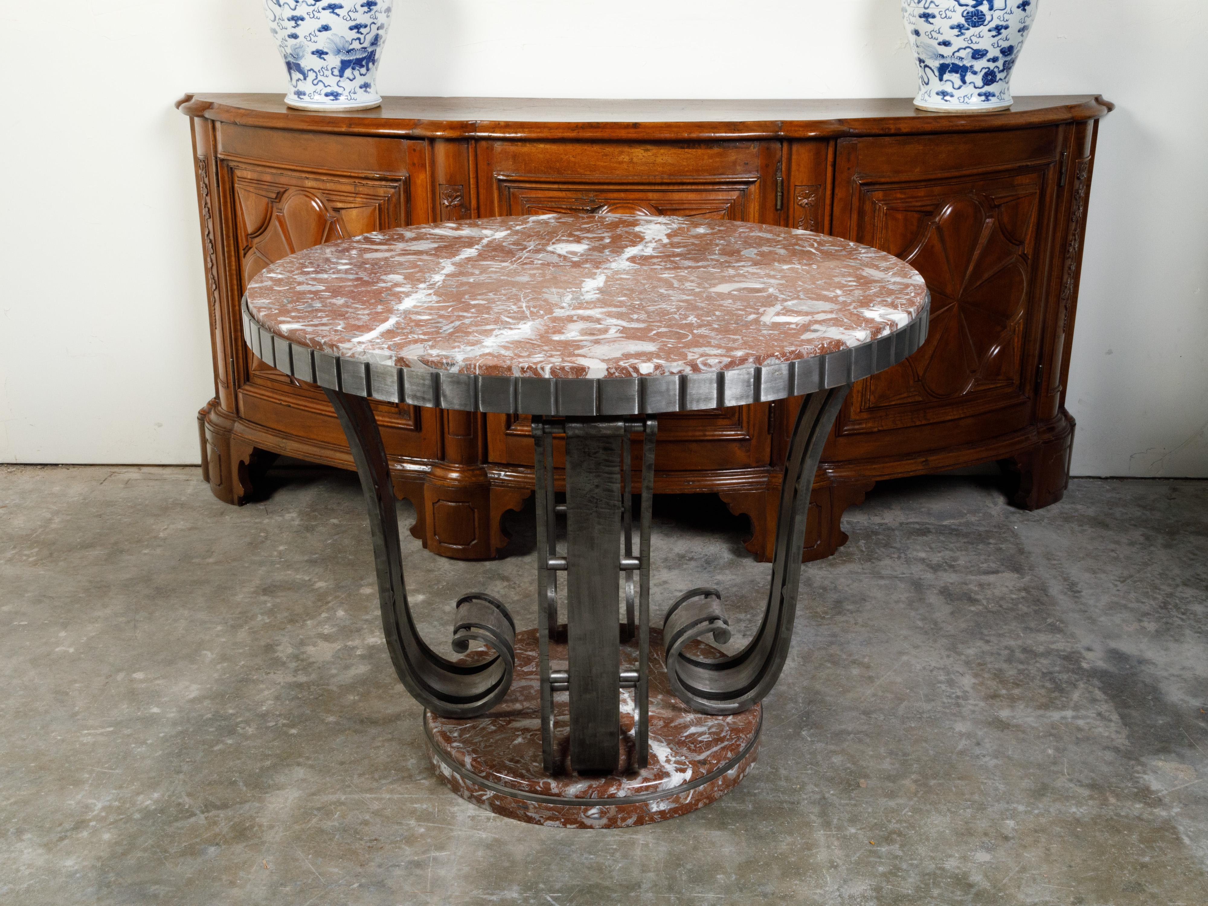 Art Deco Period French 1920s Raymond Subes Steel Table with Red Marble Top For Sale 6