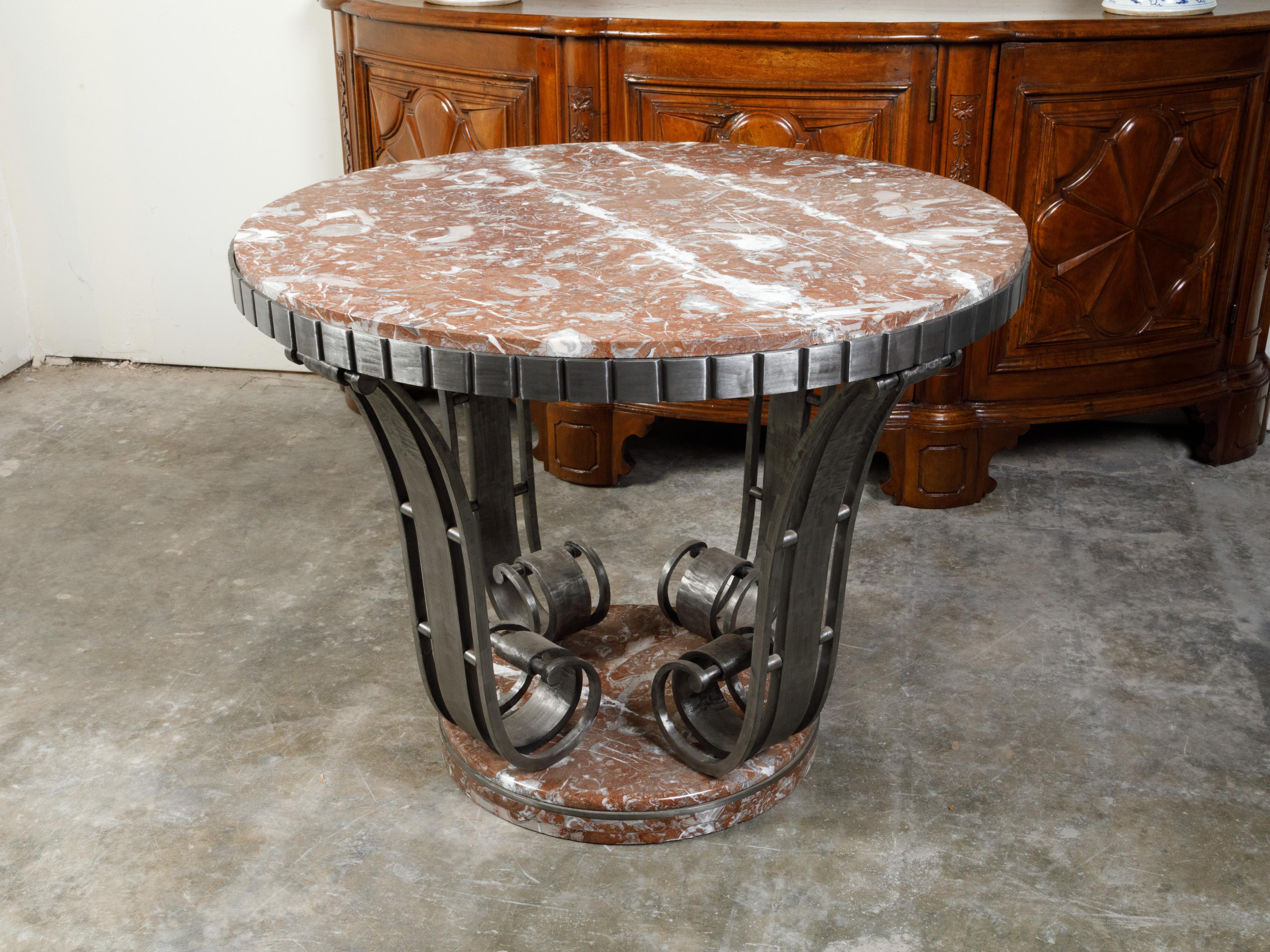 Art Deco Period French 1920s Raymond Subes Steel Table with Red Marble Top For Sale 3