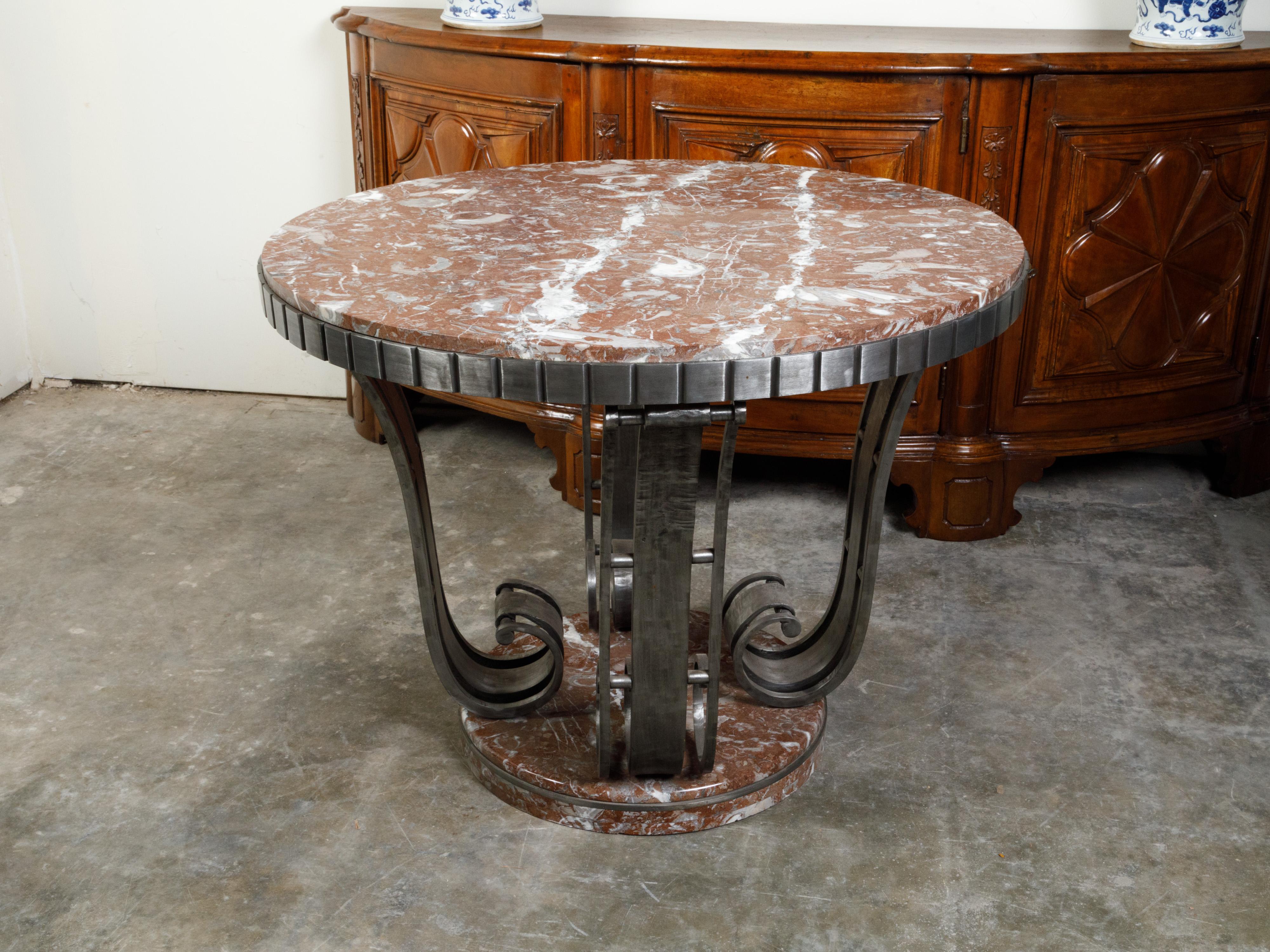 Art Deco Period French 1920s Raymond Subes Steel Table with Red Marble Top For Sale 4