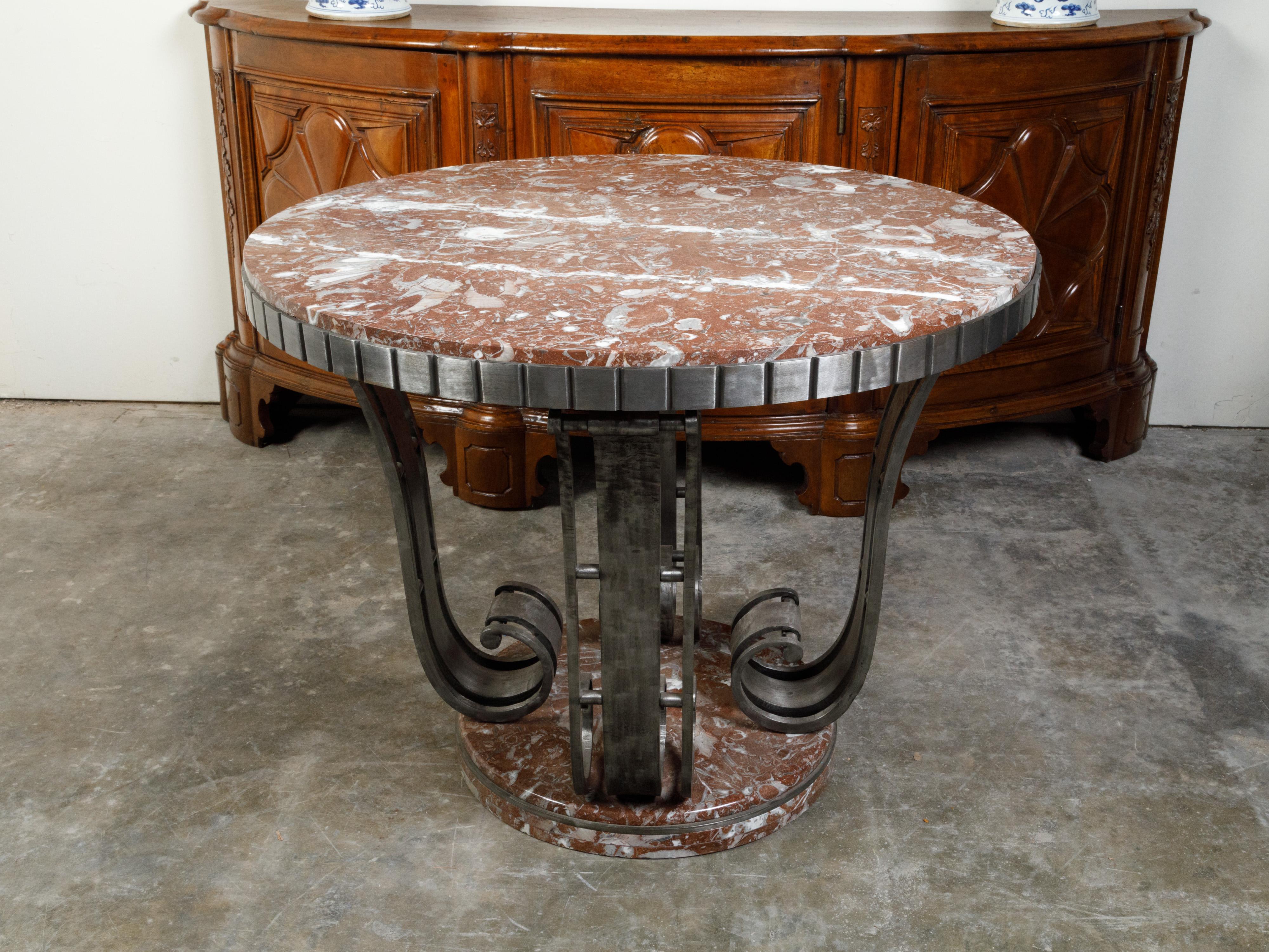 Art Deco Period French 1920s Raymond Subes Steel Table with Red Marble Top For Sale 5