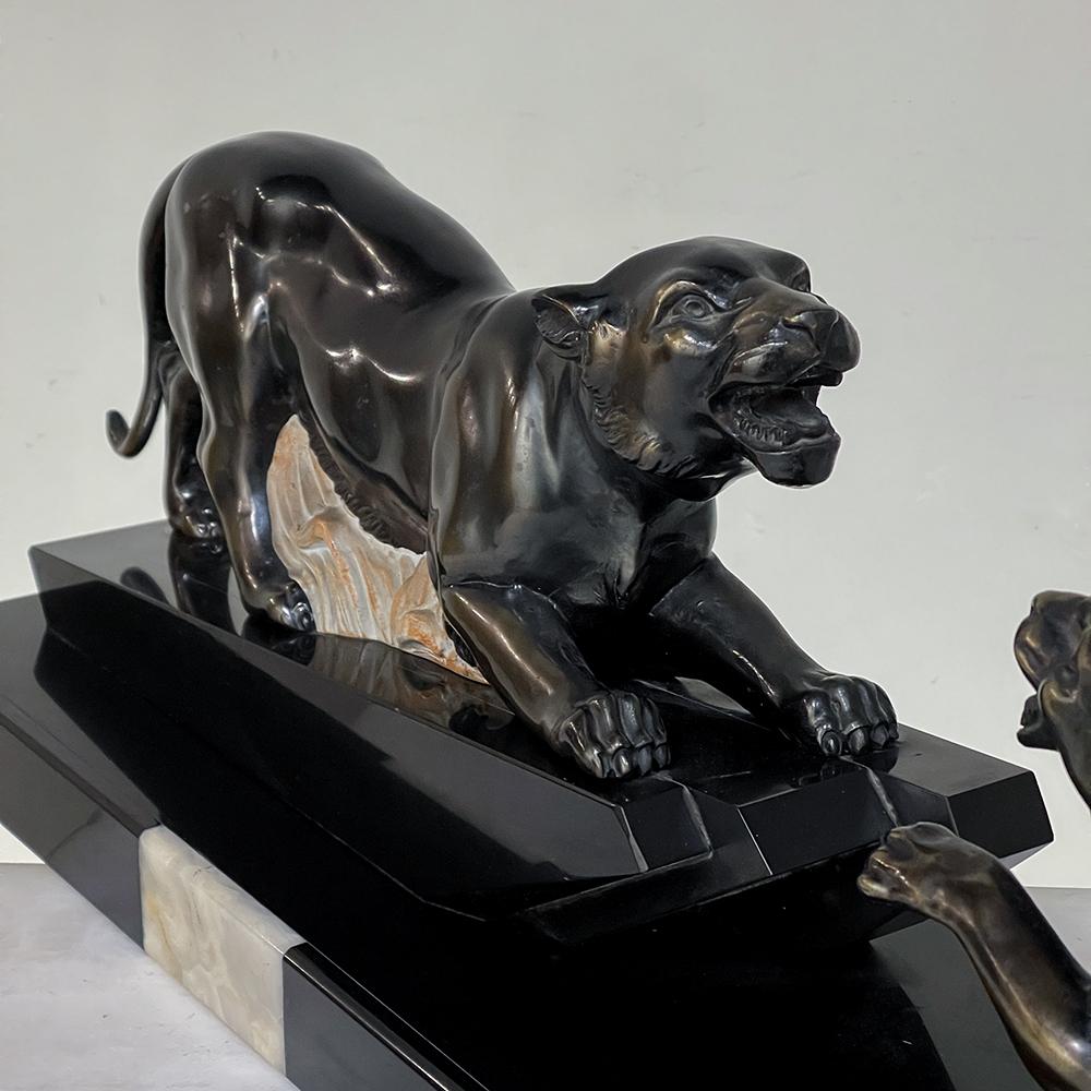 Art Deco Period French Sculpture of Tigers on Polished Slate Base 4