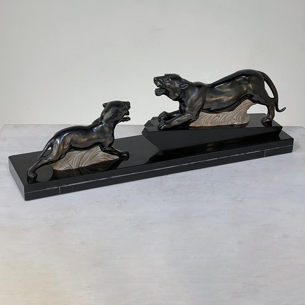 Art Deco Period French Sculpture of Tigers on Polished Slate Base 10