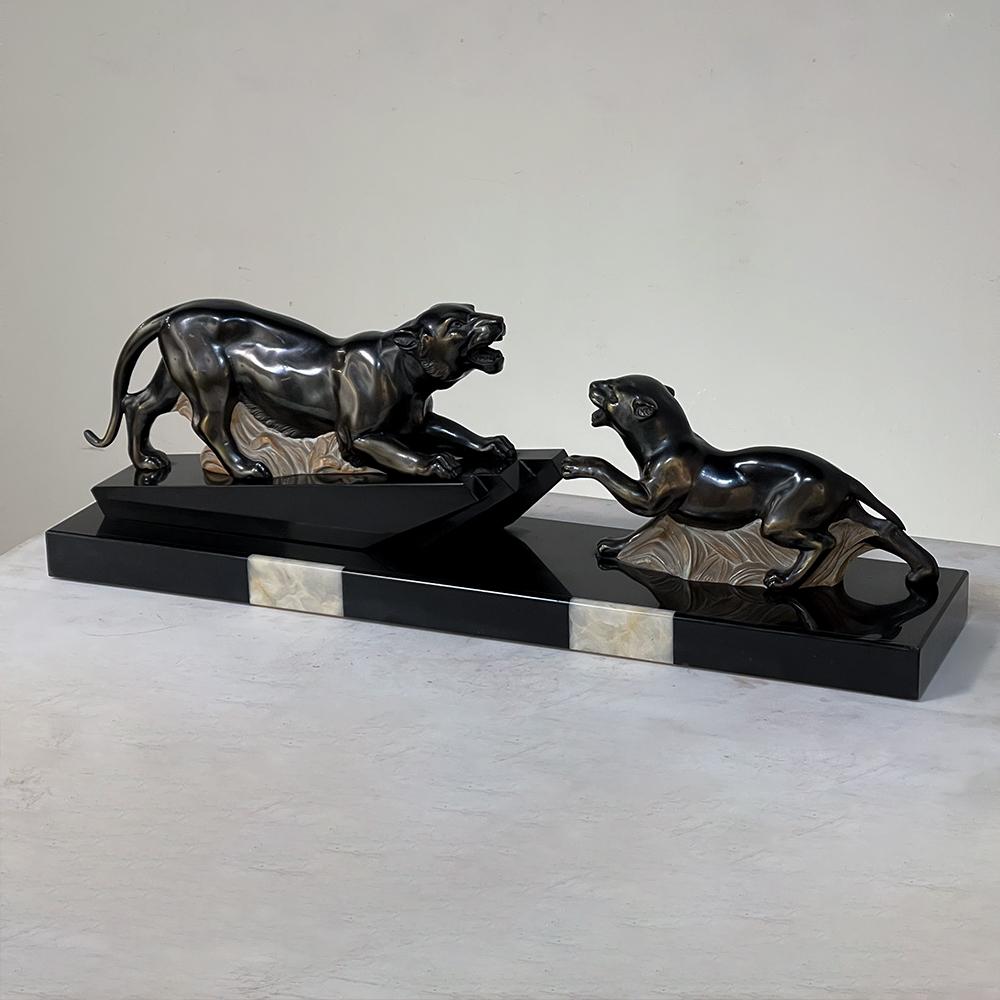 Hand-Crafted Art Deco Period French Sculpture of Tigers on Polished Slate Base