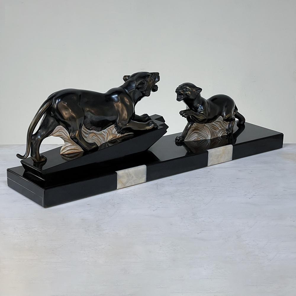 Spelter Art Deco Period French Sculpture of Tigers on Polished Slate Base