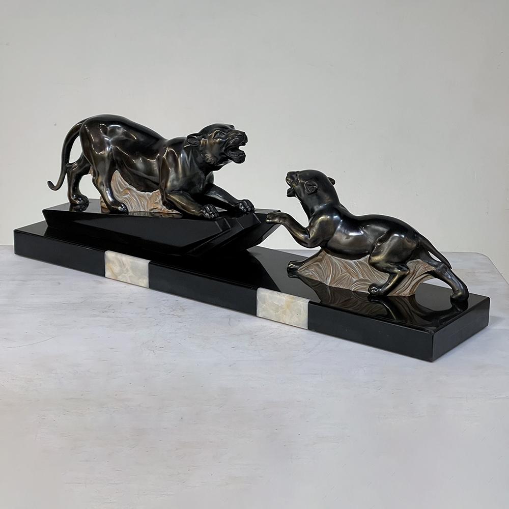 Art Deco Period French Sculpture of Tigers on Polished Slate Base 1