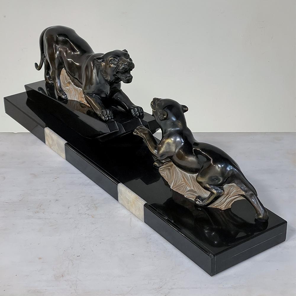 Art Deco Period French Sculpture of Tigers on Polished Slate Base 3