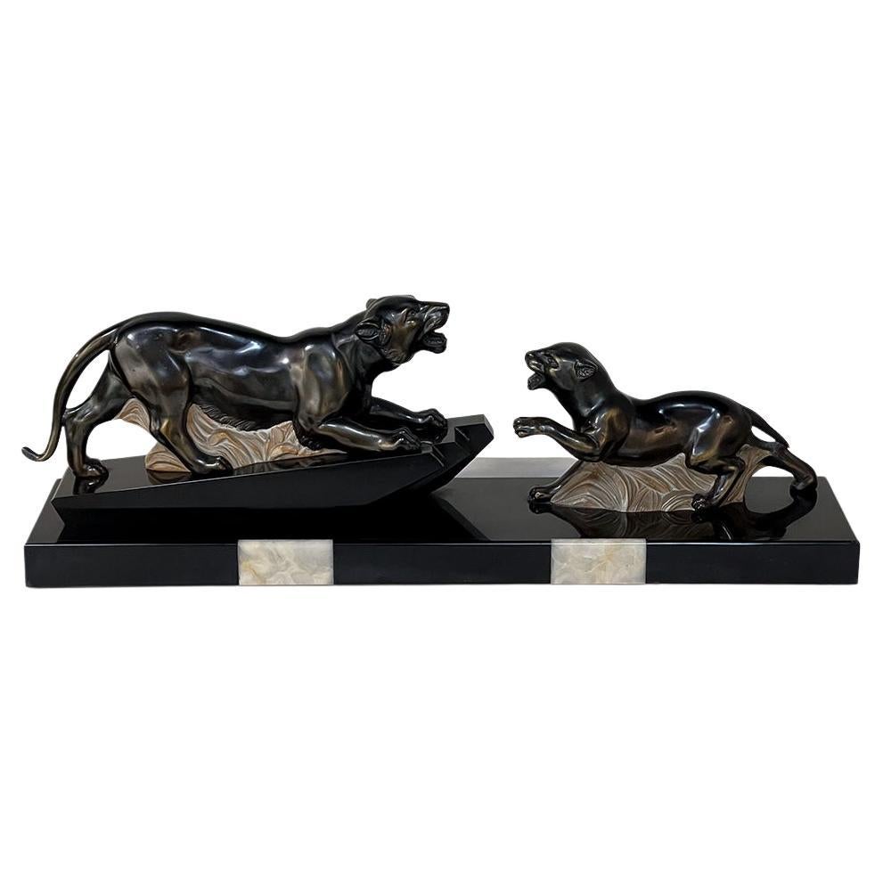 Art Deco Period French Sculpture of Tigers on Polished Slate Base