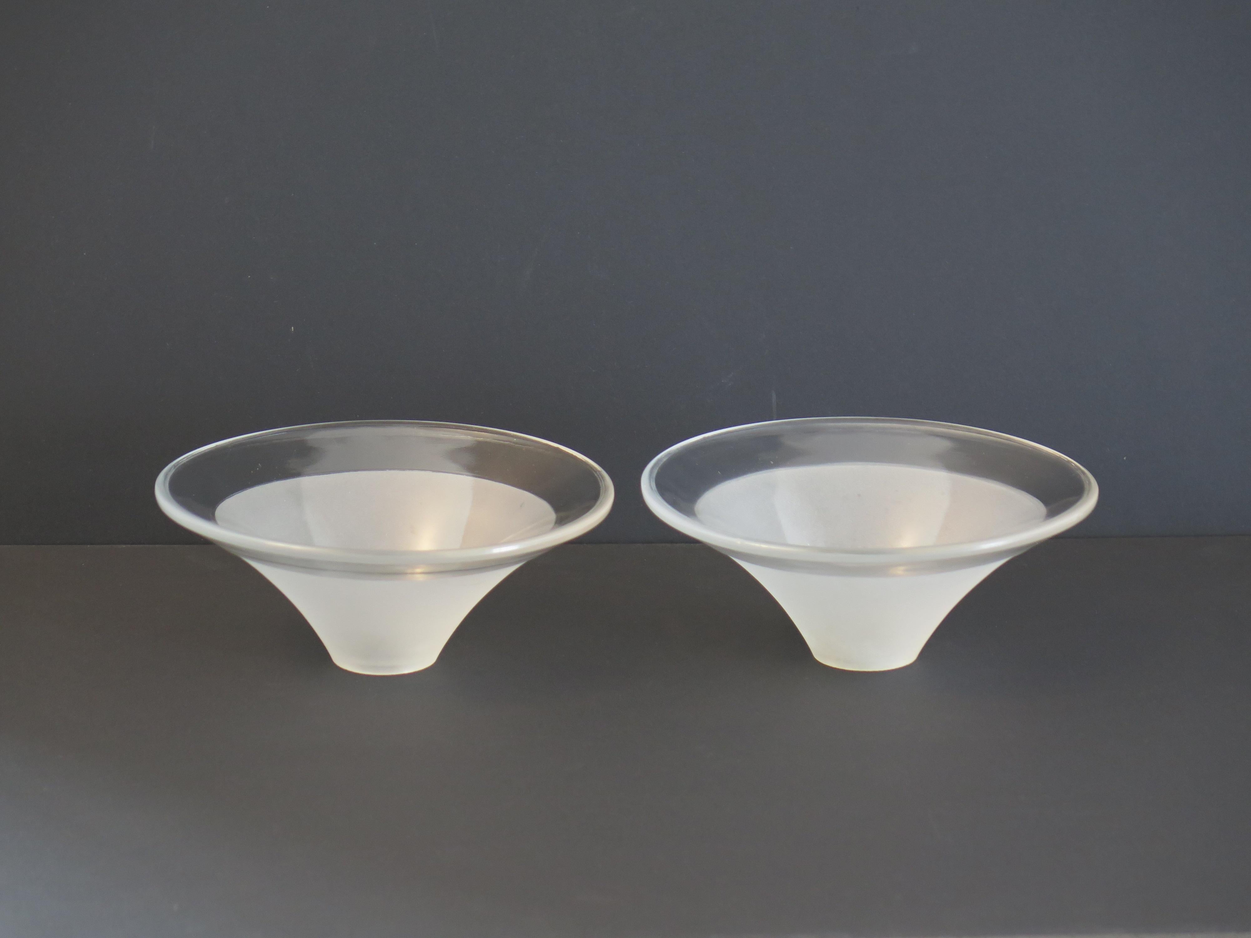 This is a beautiful PAIR of glass conical Lampshades, original to the Art Deco period.

These glass lamp shades are conical in shape. They are frosted from the fitting end through about 75% of the shade height, with the outer 25% of the cone being