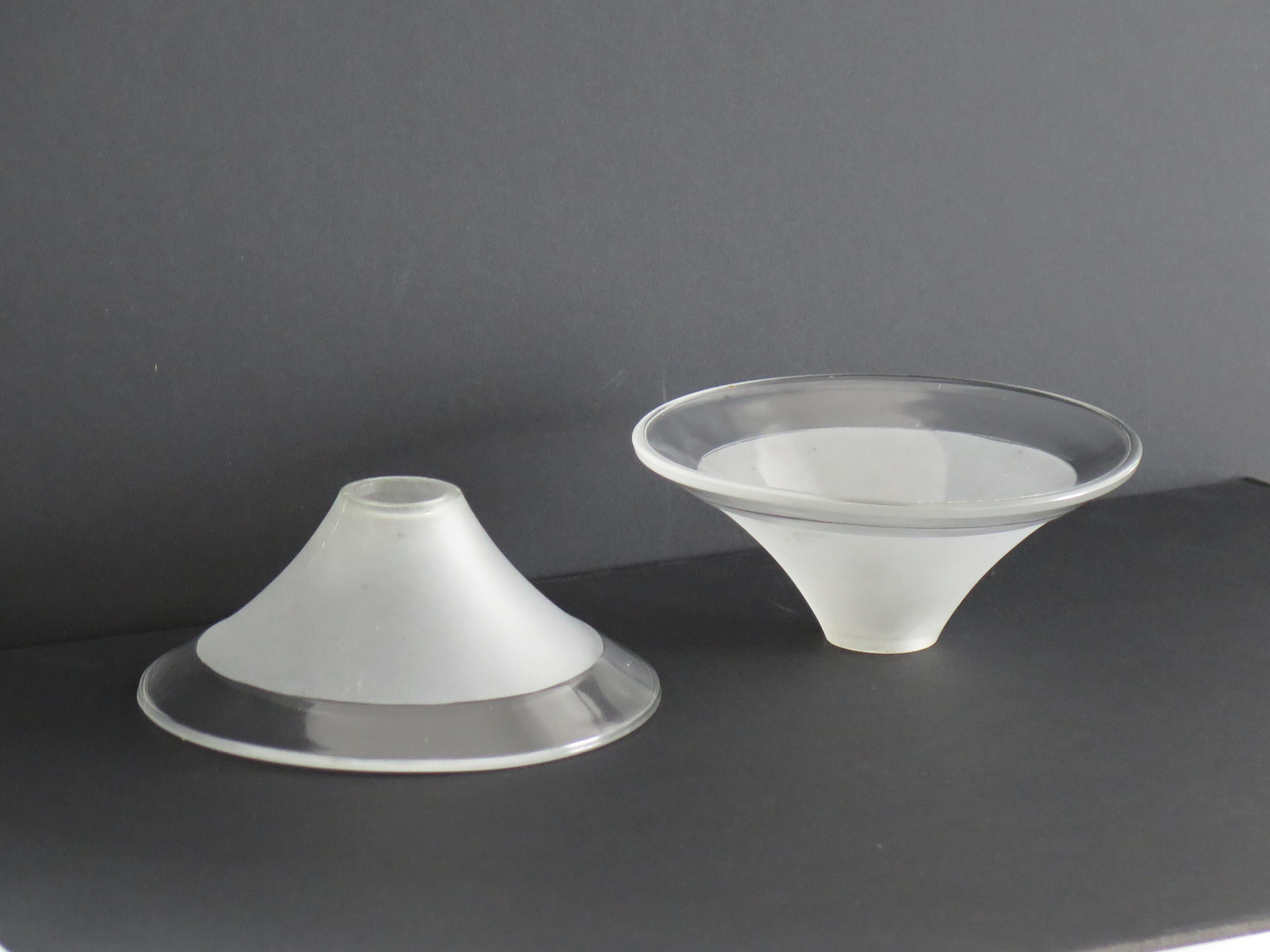 This is a beautiful PAIR of glass conical Lampshades, original to the Art Deco period.

These glass lamp shades are conical in shape. They are frosted from the fitting end through about 75% of the shade height, with the outer 25% of the cone being