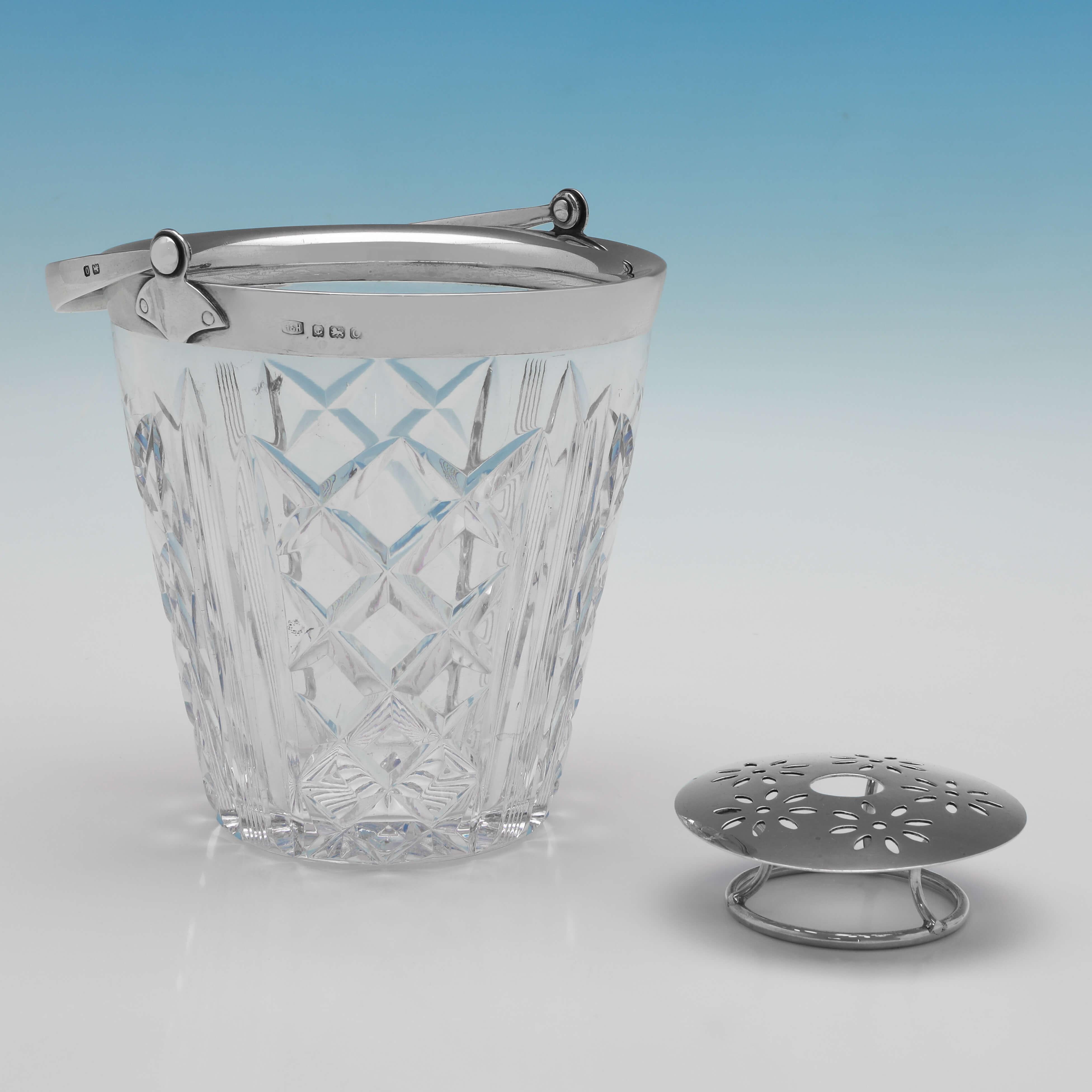 English Art Deco Period Glass & Sterling Silver Ice Bucket with Strainer, London, 1938