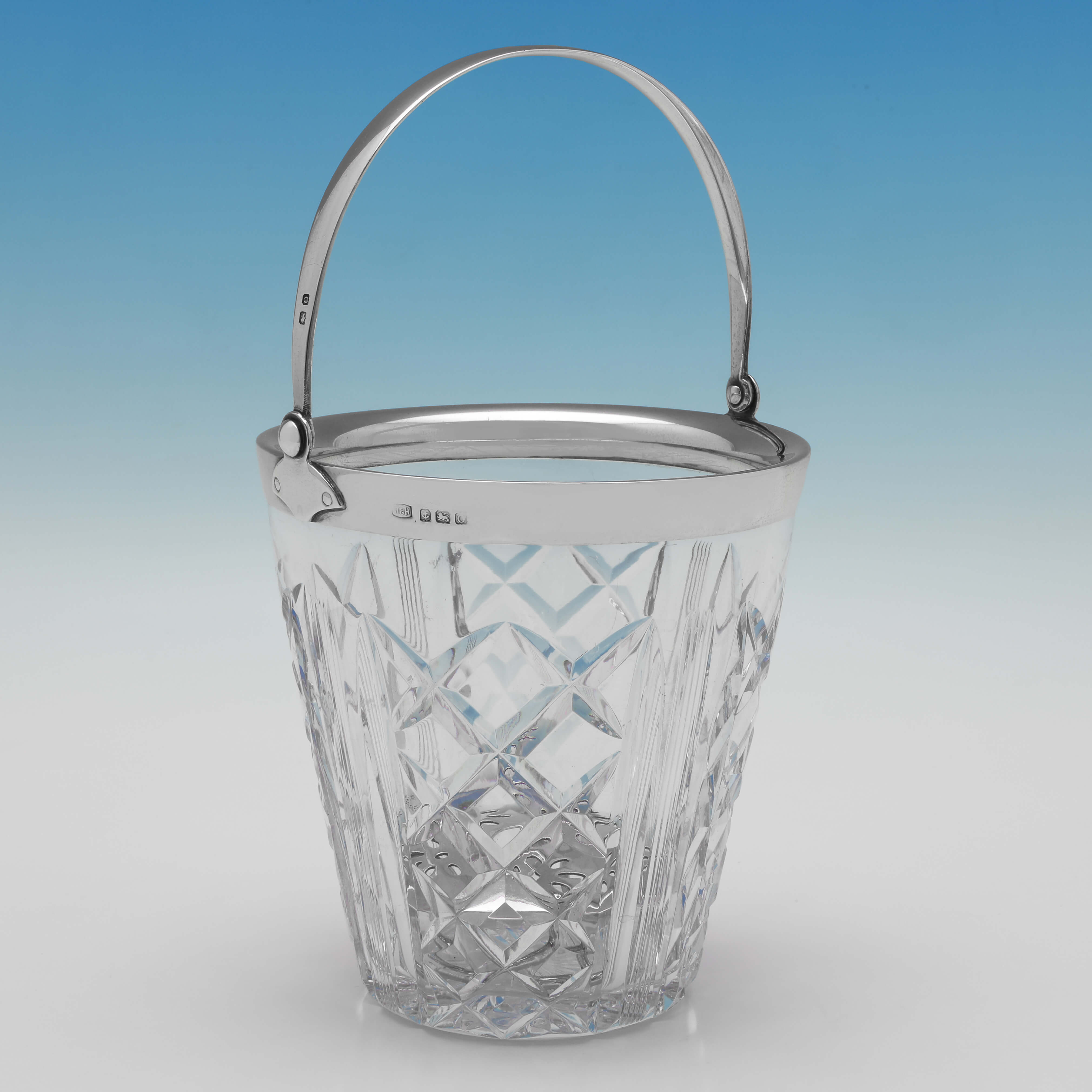 Art Deco Period Glass & Sterling Silver Ice Bucket with Strainer, London, 1938