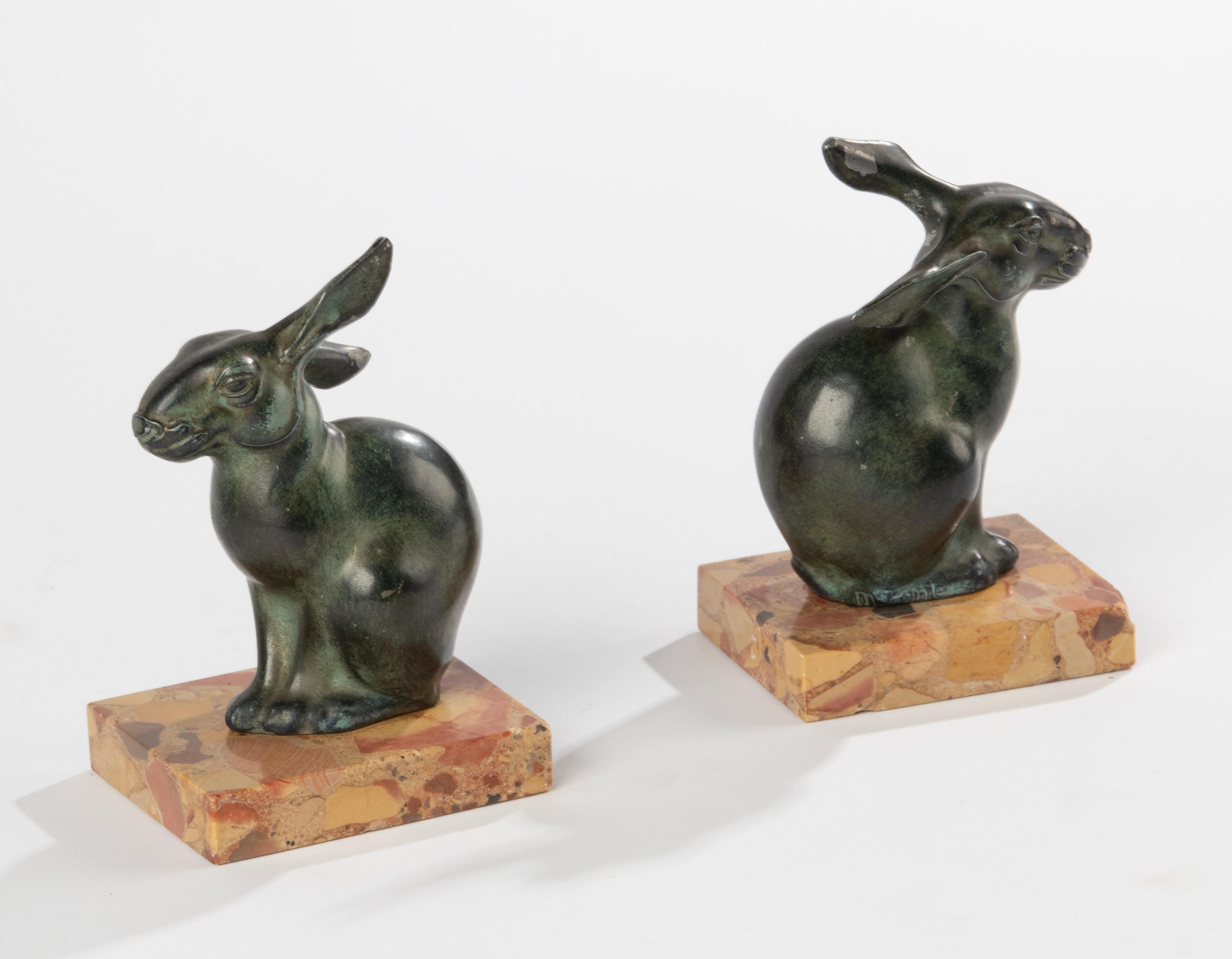 Art Deco Period Green Patinated Spelter Rabbits Bookends by Maurice Font For Sale 6