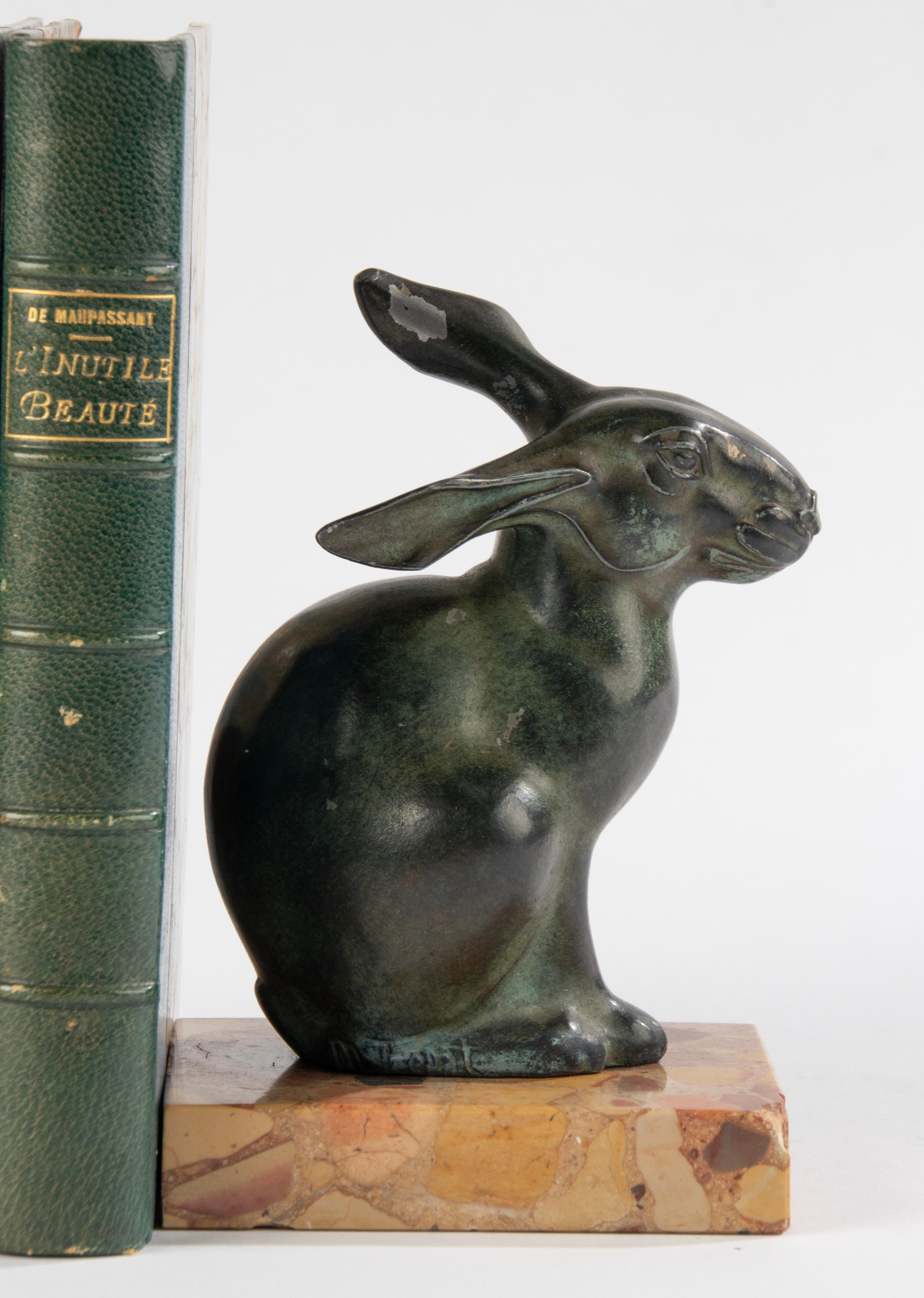 Art Deco Period Green Patinated Spelter Rabbits Bookends by Maurice Font For Sale 7