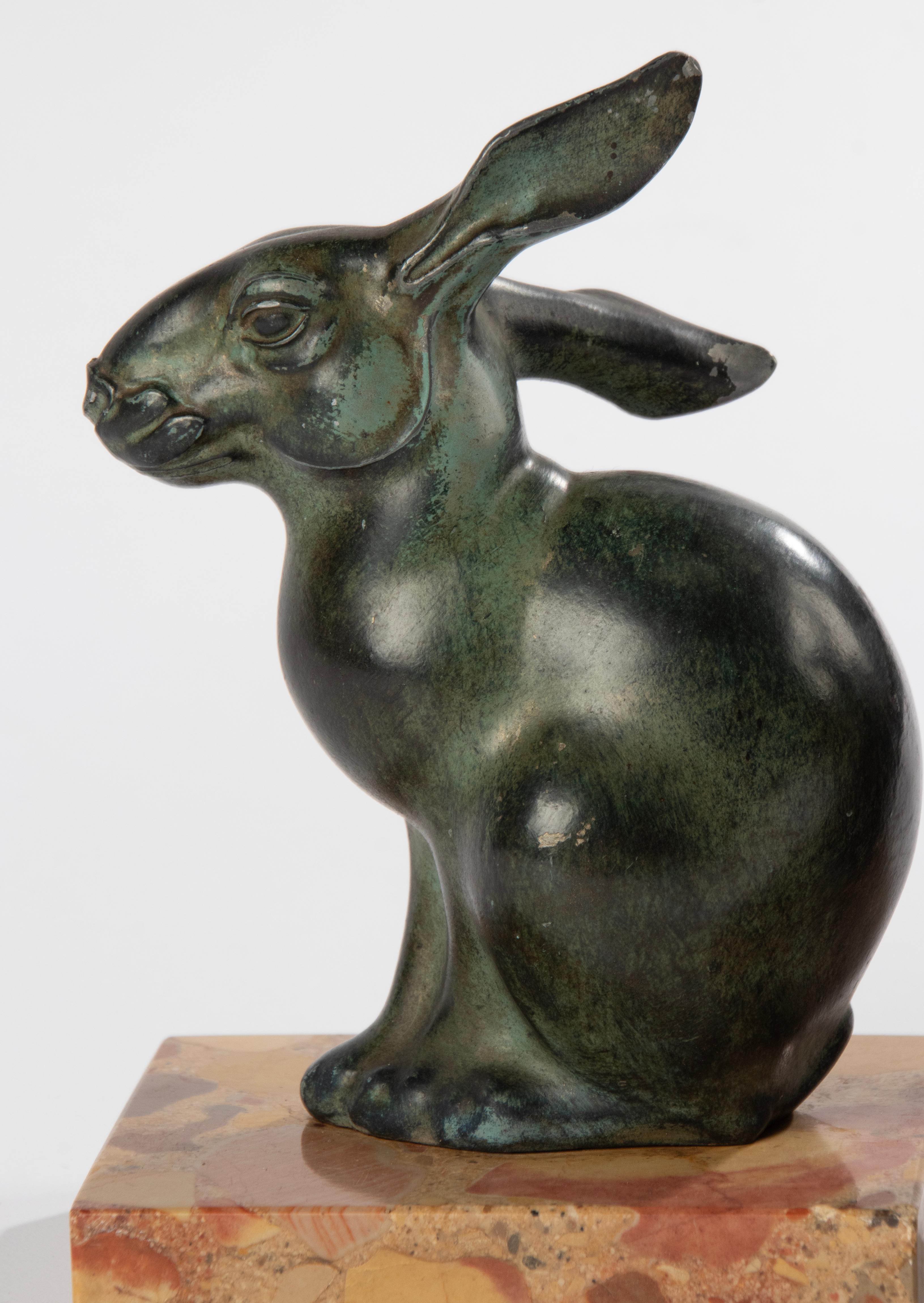 Art Deco Period Green Patinated Spelter Rabbits Bookends by Maurice Font For Sale 8