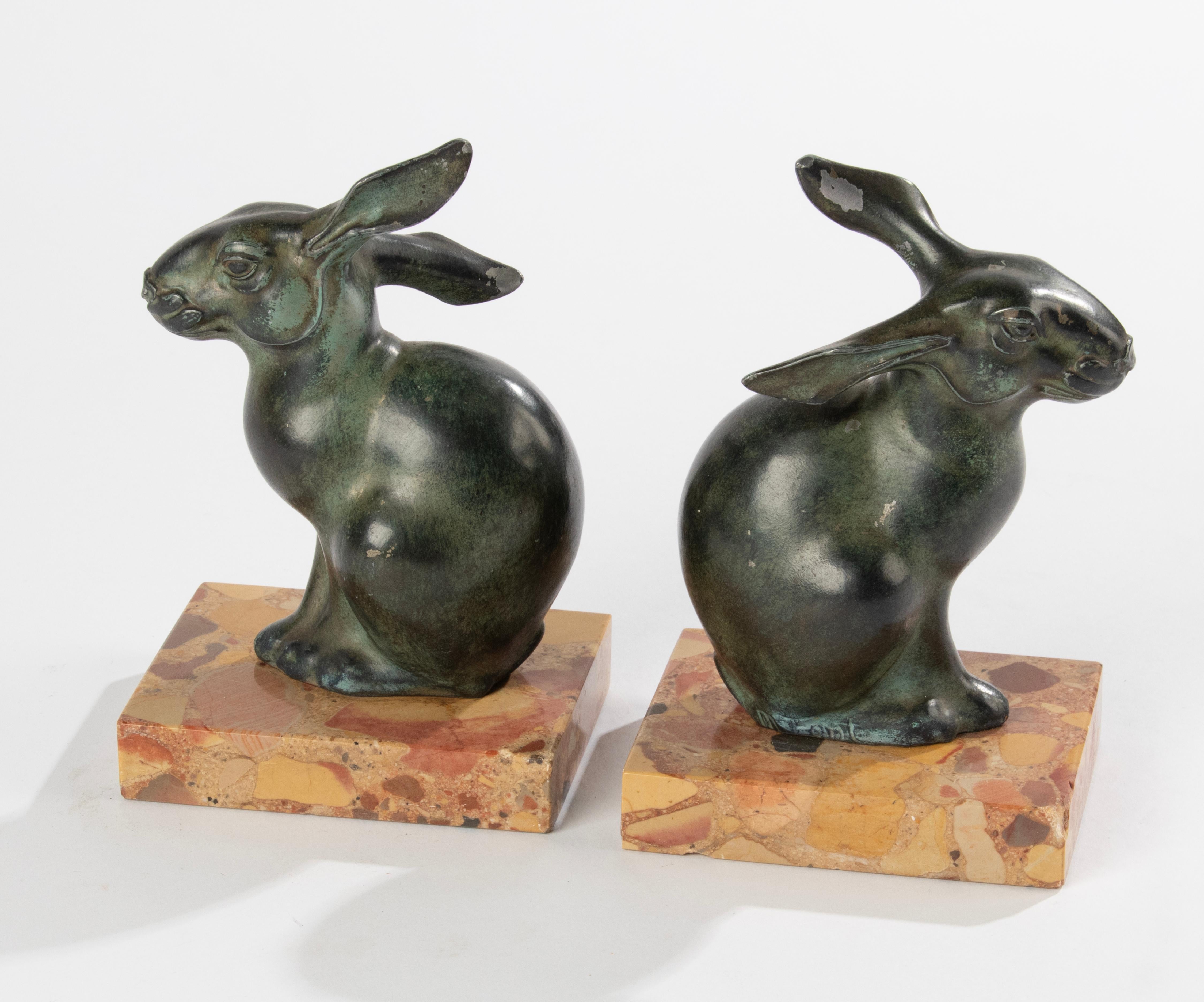 Art Deco Period Green Patinated Spelter Rabbits Bookends by Maurice Font For Sale 9