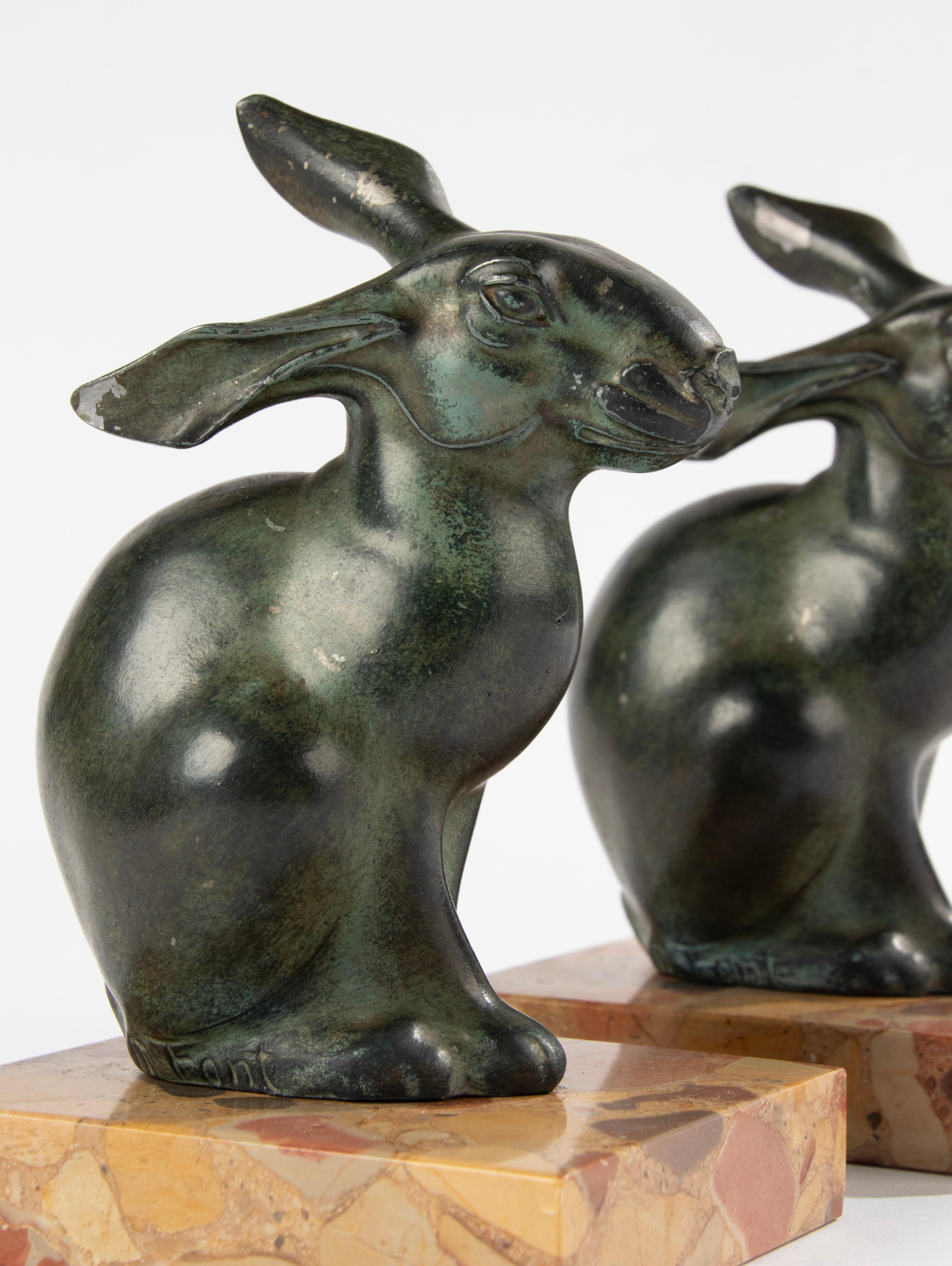 Art Deco Period Green Patinated Spelter Rabbits Bookends by Maurice Font For Sale 12
