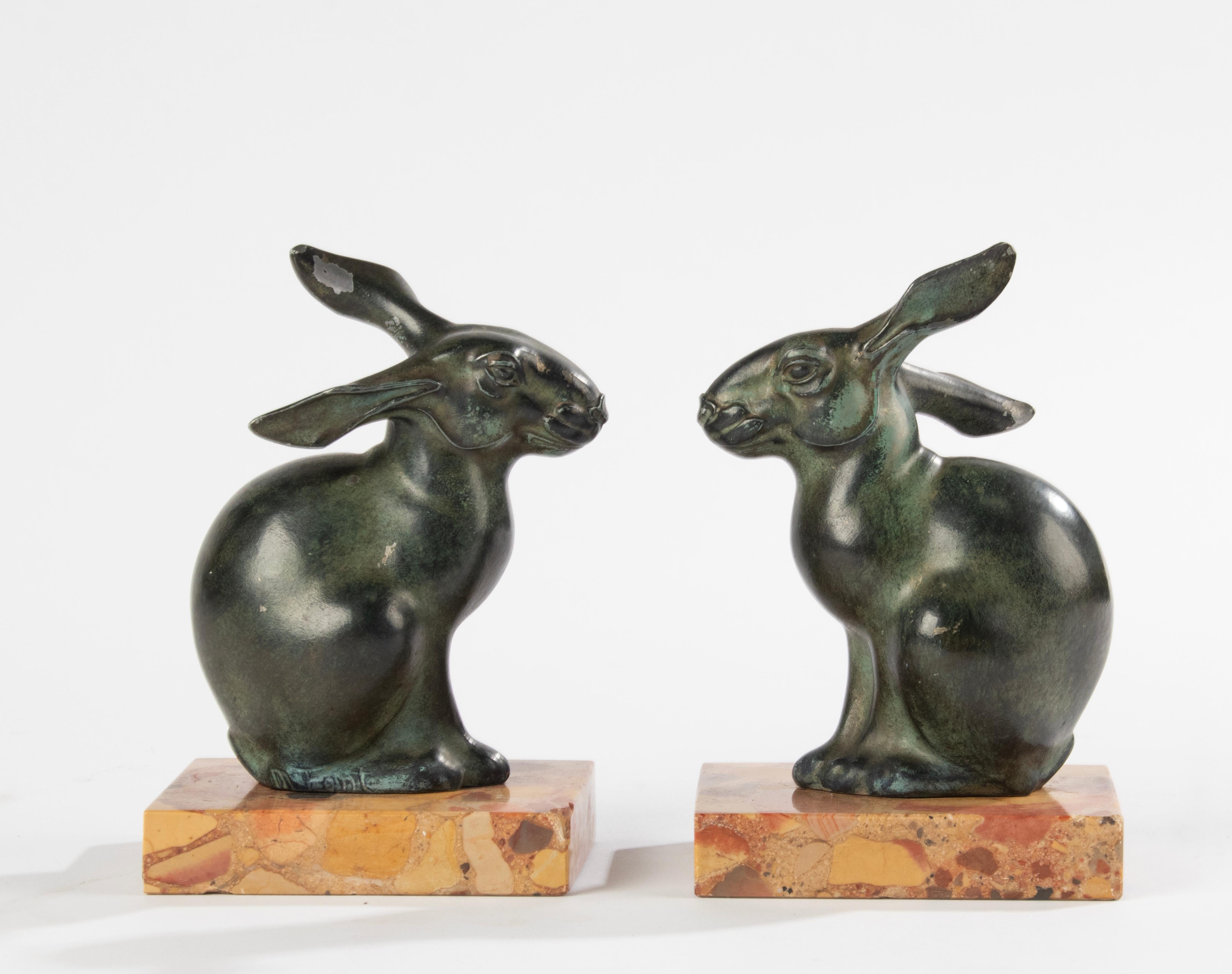Art Deco Period Green Patinated Spelter Rabbits Bookends by Maurice Font For Sale 14