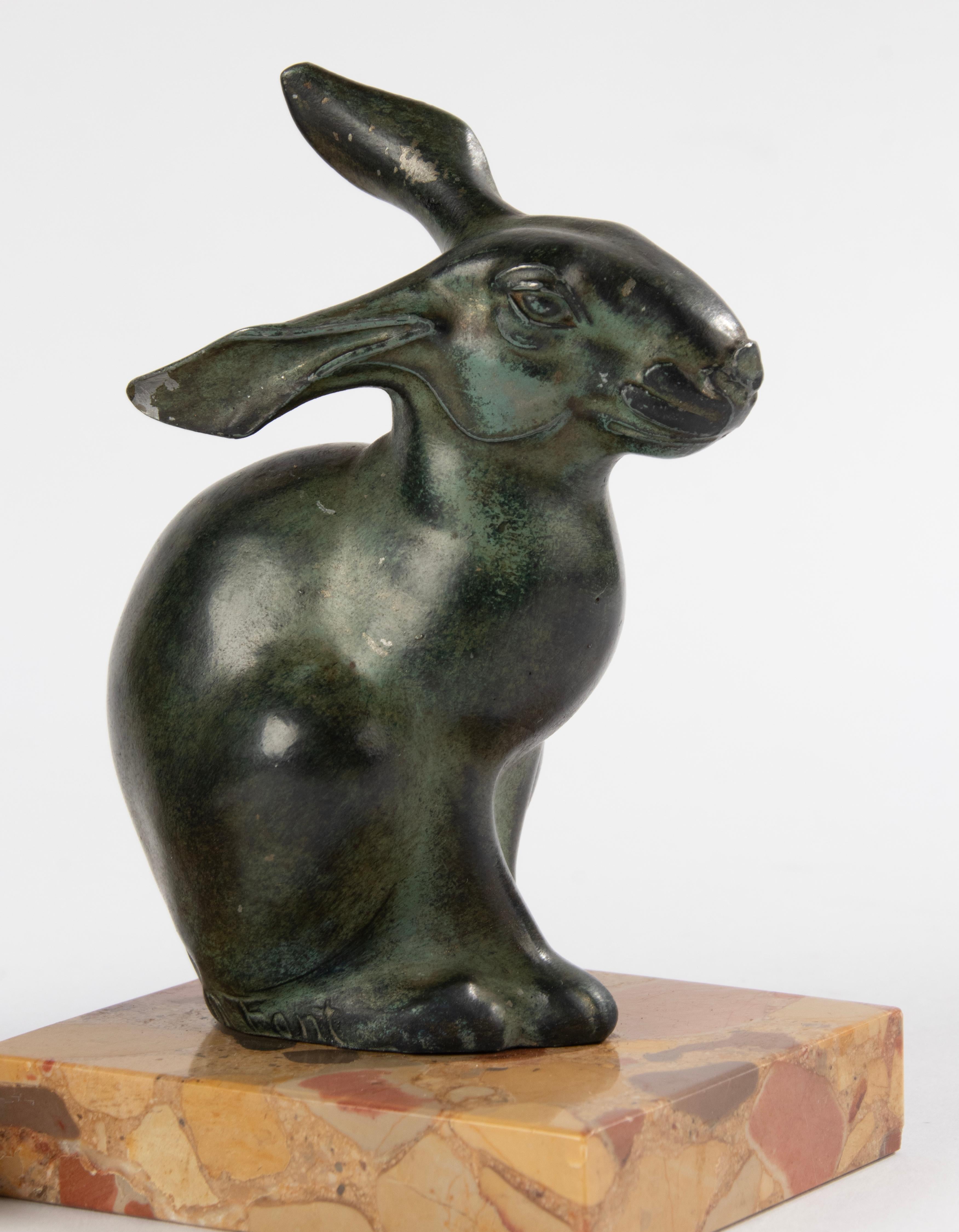 Art Deco Period Green Patinated Spelter Rabbits Bookends by Maurice Font For Sale 15