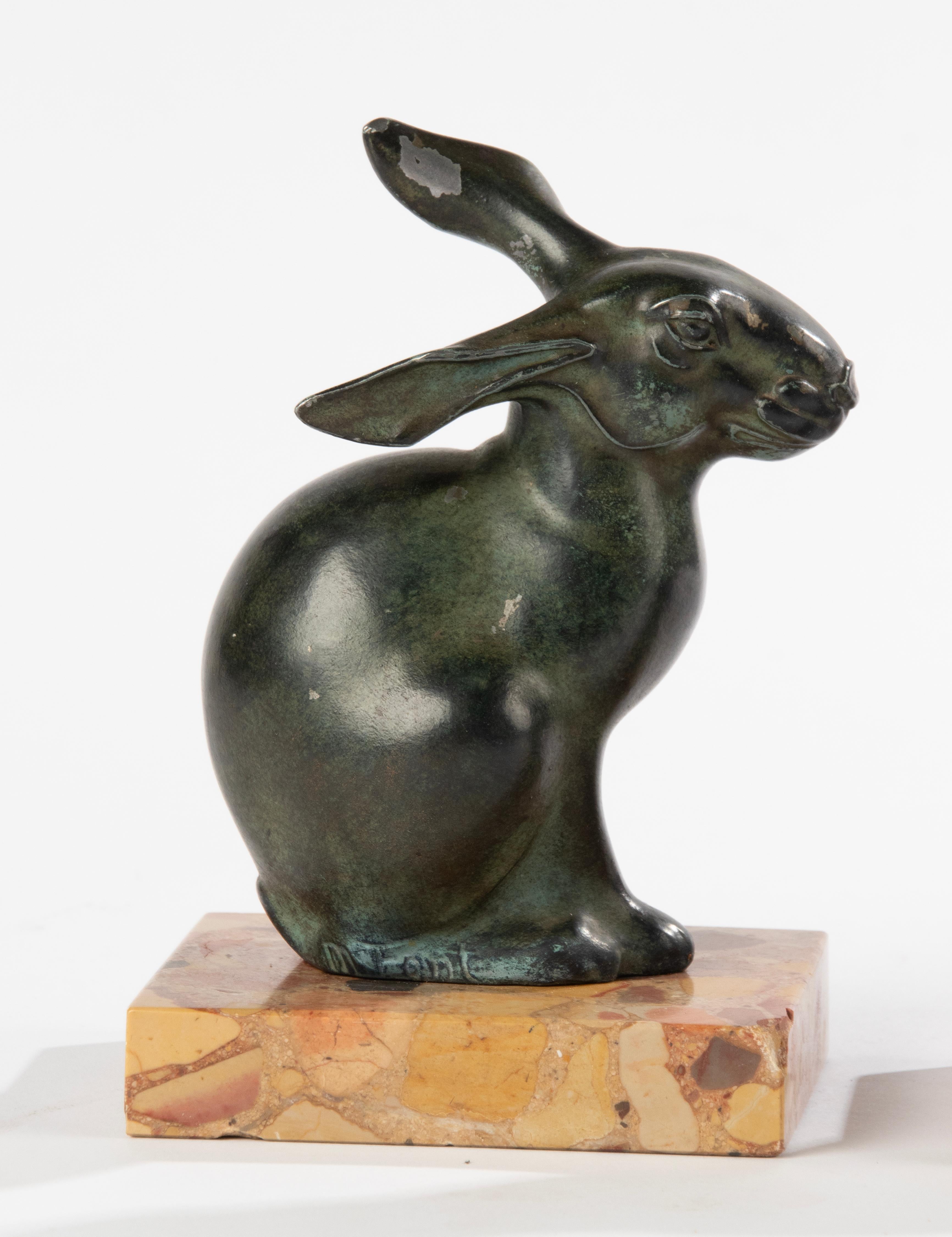 French Art Deco Period Green Patinated Spelter Rabbits Bookends by Maurice Font For Sale