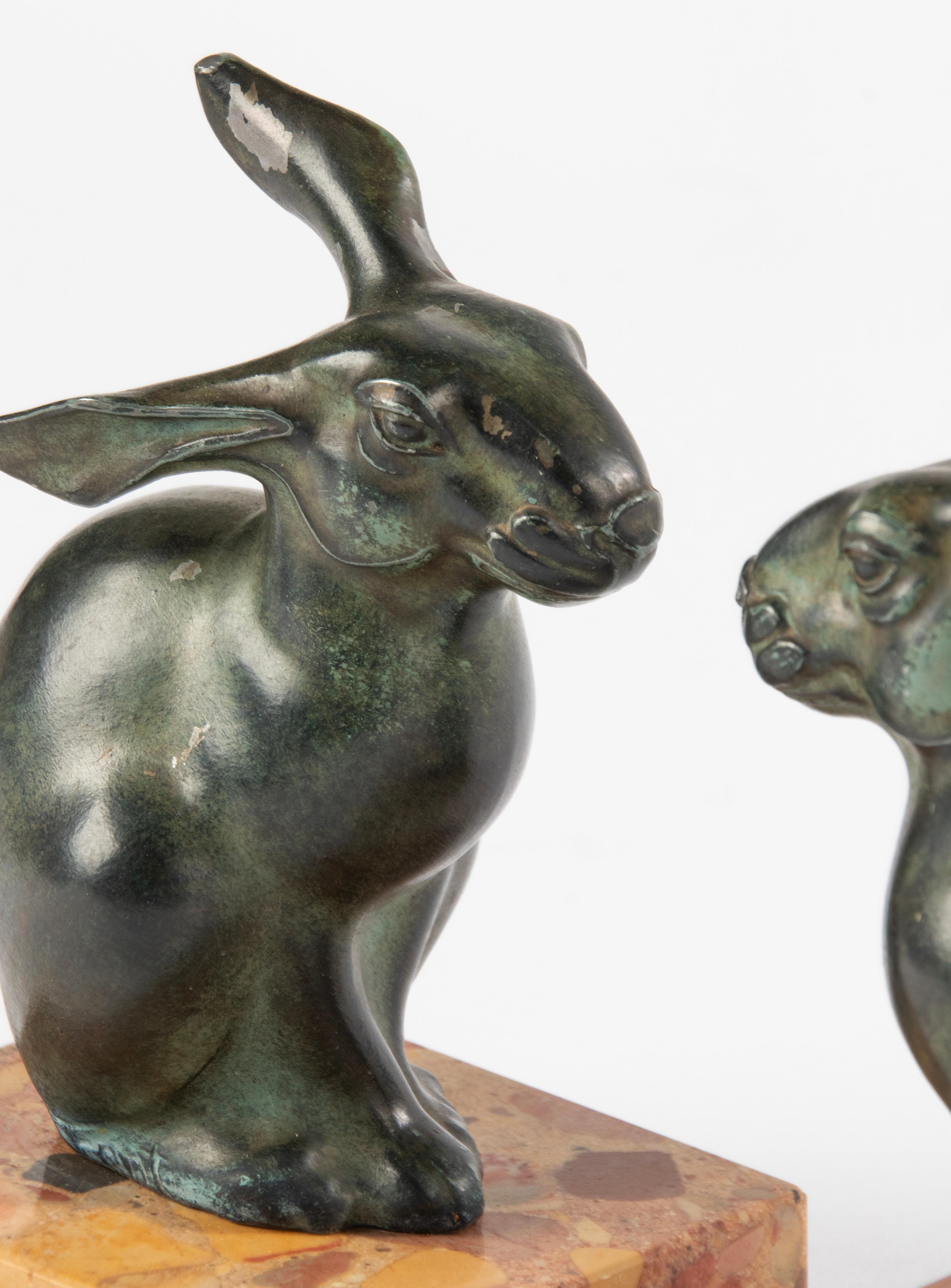 Early 20th Century Art Deco Period Green Patinated Spelter Rabbits Bookends by Maurice Font For Sale