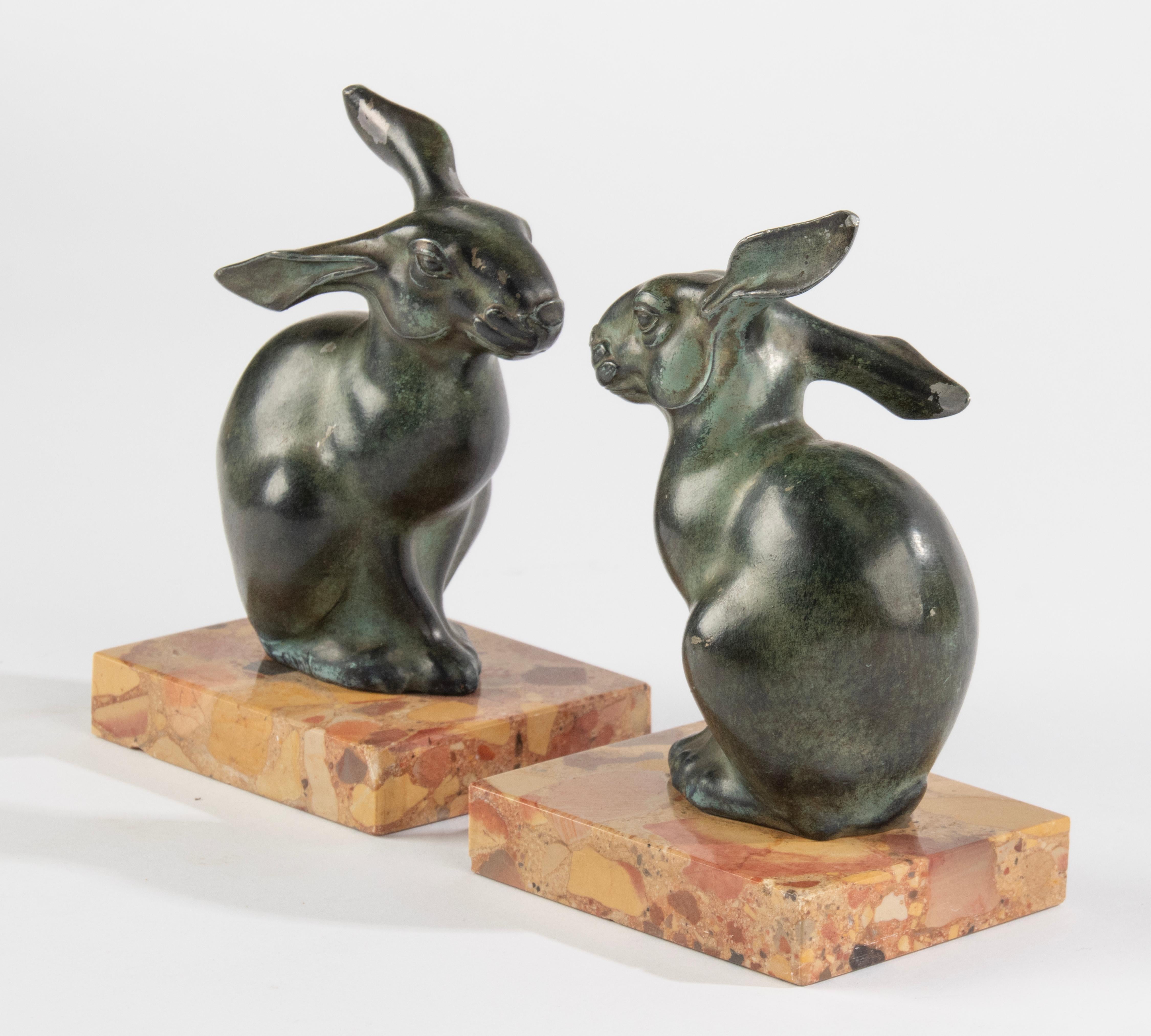 Art Deco Period Green Patinated Spelter Rabbits Bookends by Maurice Font For Sale 1