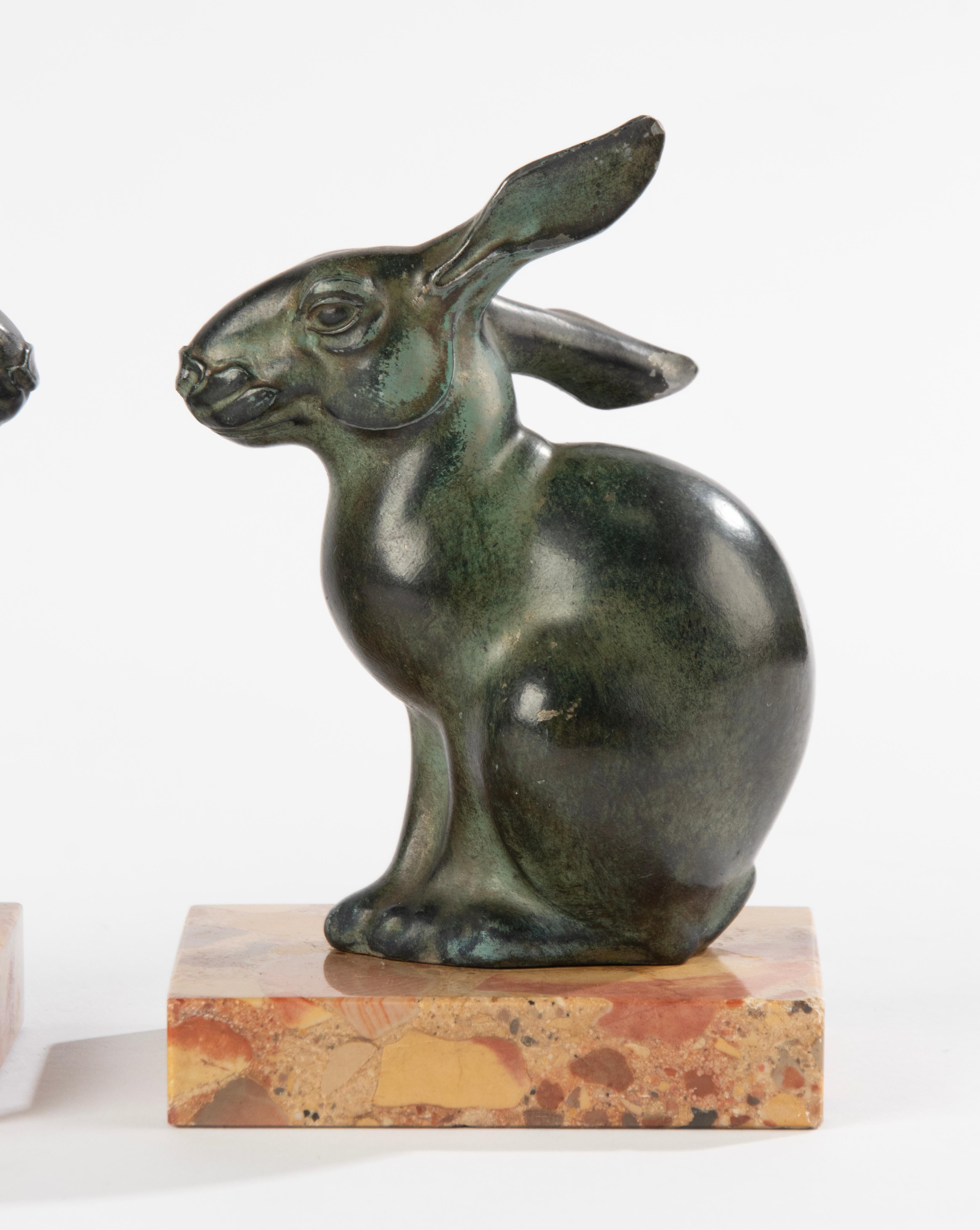 Art Deco Period Green Patinated Spelter Rabbits Bookends by Maurice Font For Sale 2
