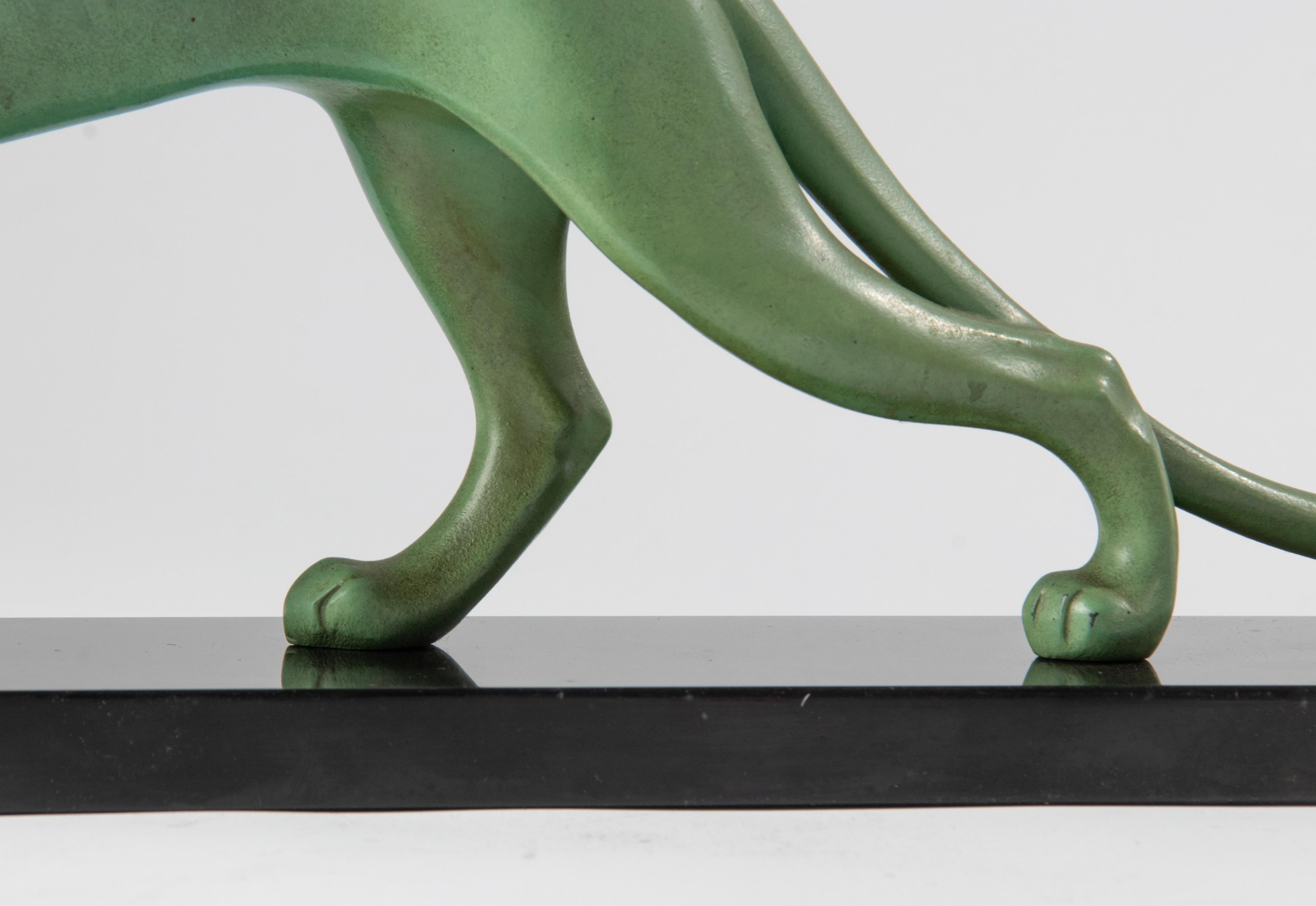 Art Deco Period Green Patinated Spelter Sculpture Cougar For Sale 8