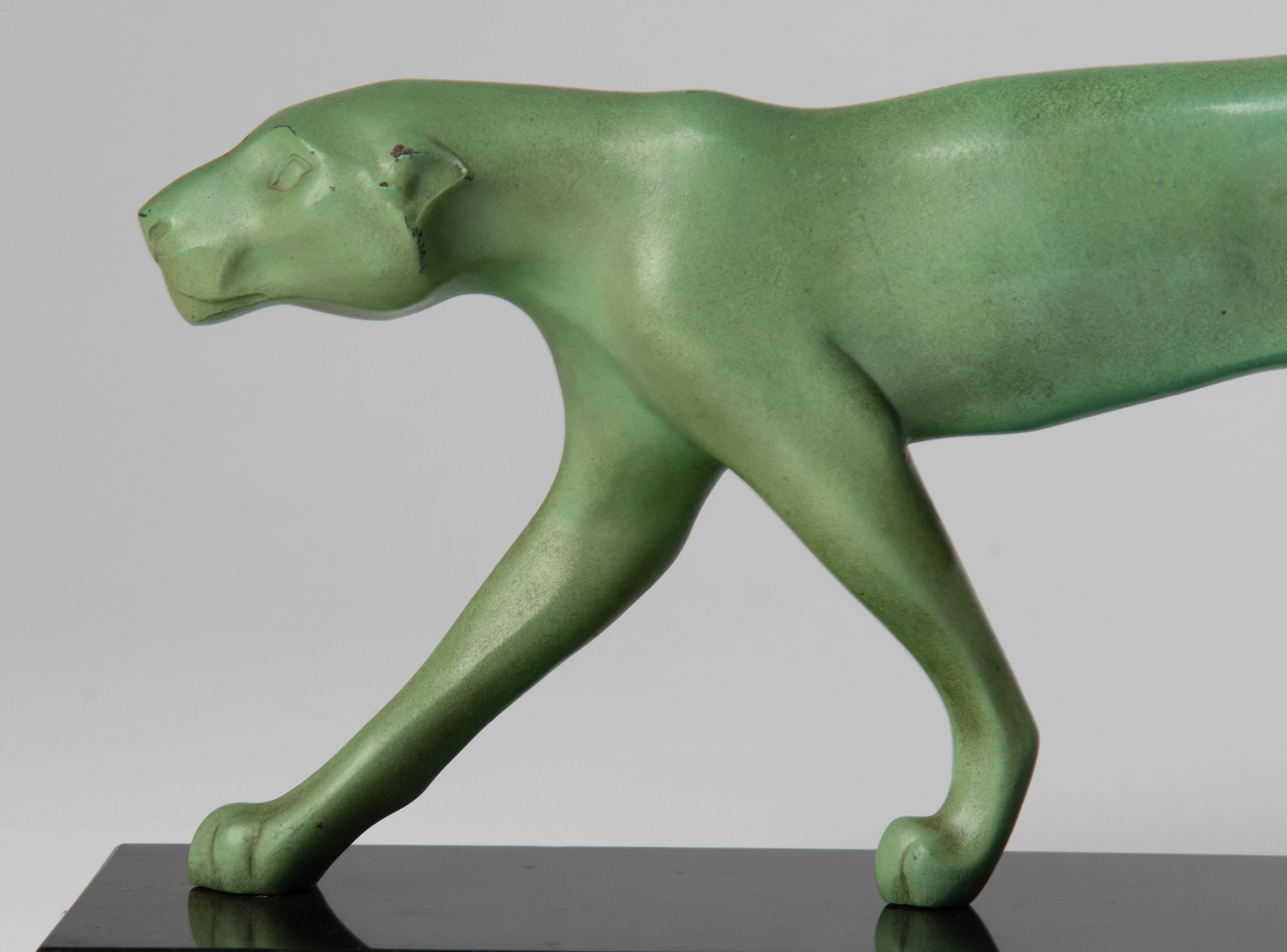 French Art Deco Period Green Patinated Spelter Sculpture Cougar For Sale