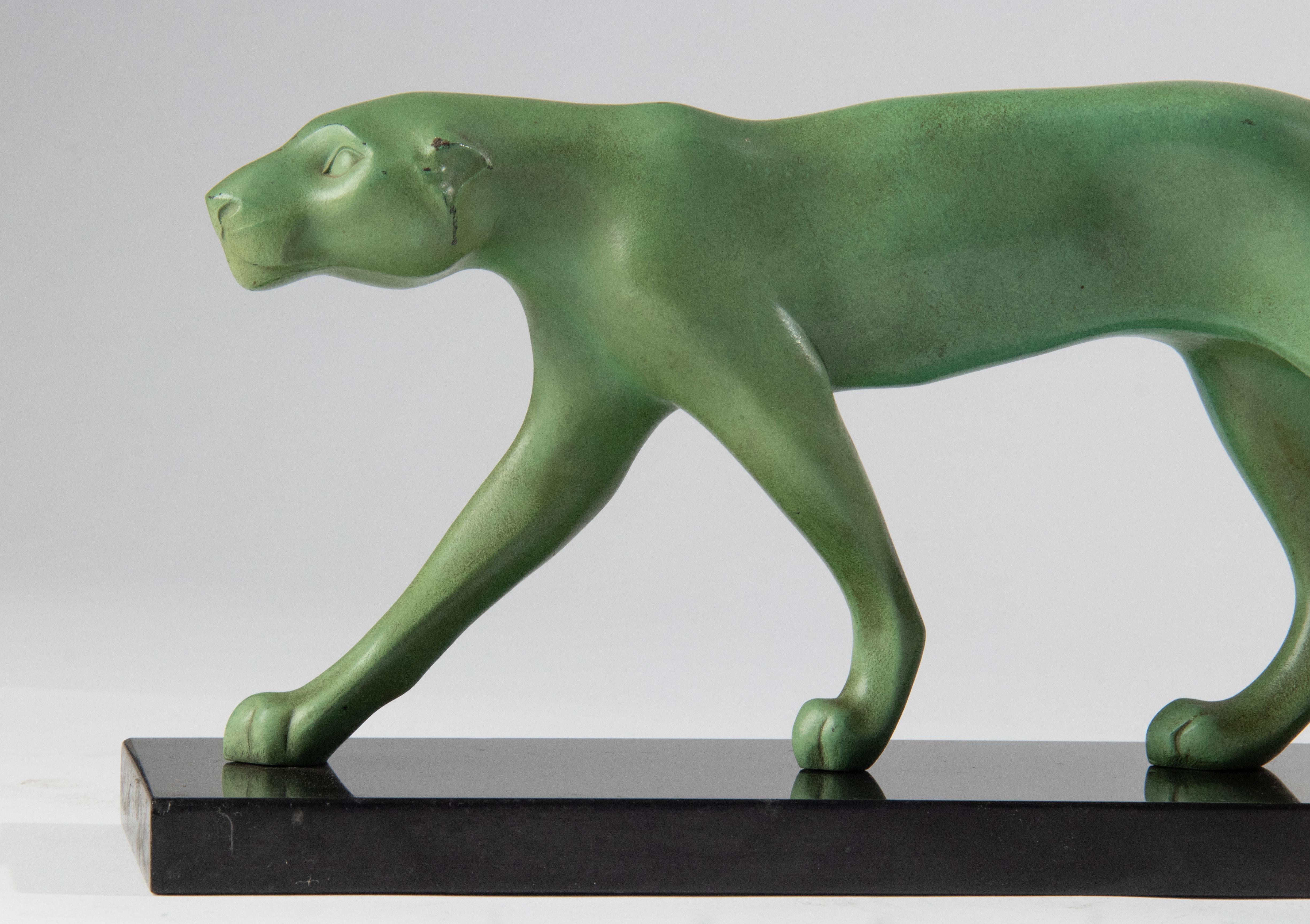 Art Deco Period Green Patinated Spelter Sculpture Cougar For Sale 2