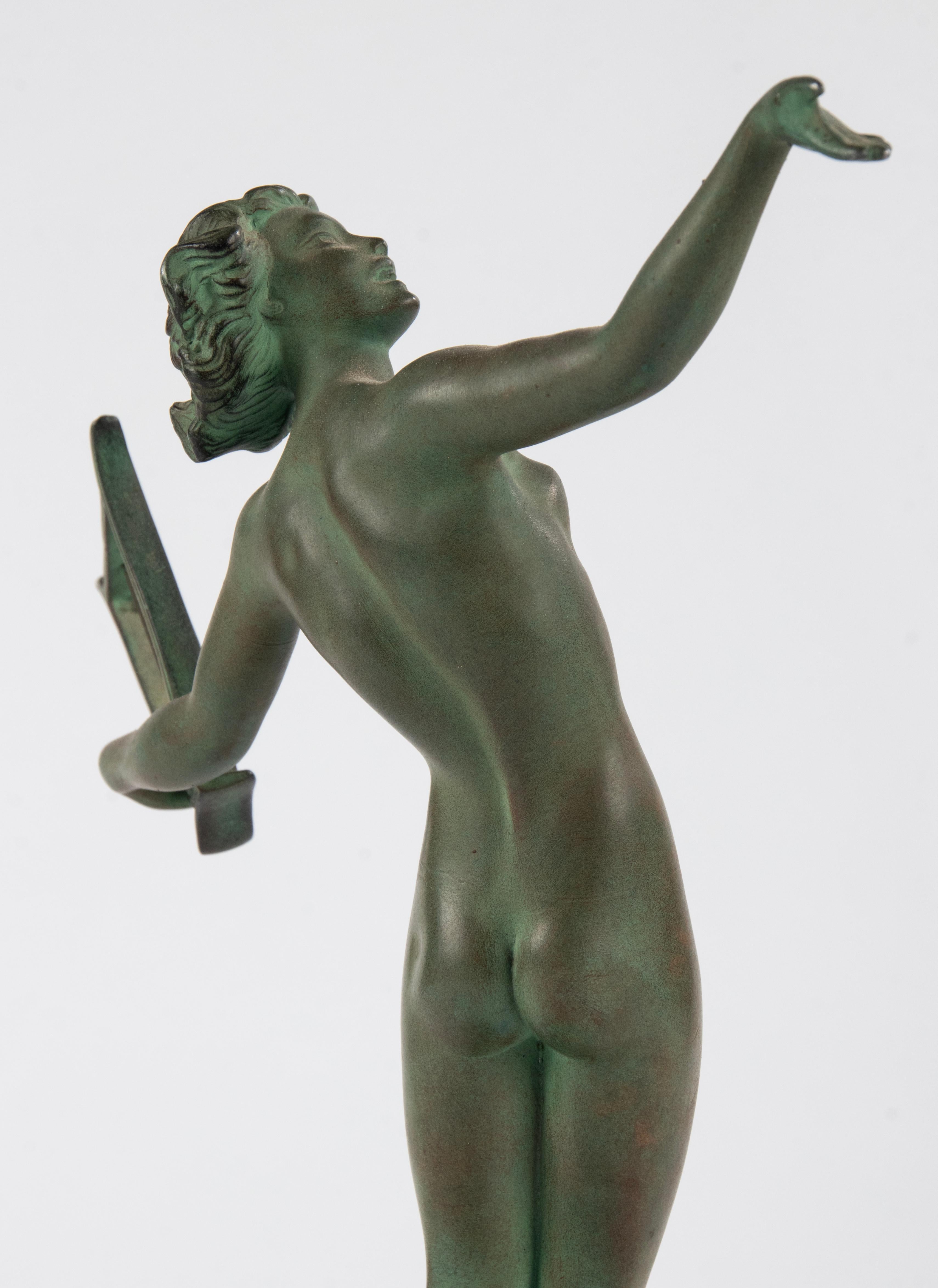 Art Deco Period Green Patinated Spelter Sculpture Woman with Harp For Sale 5