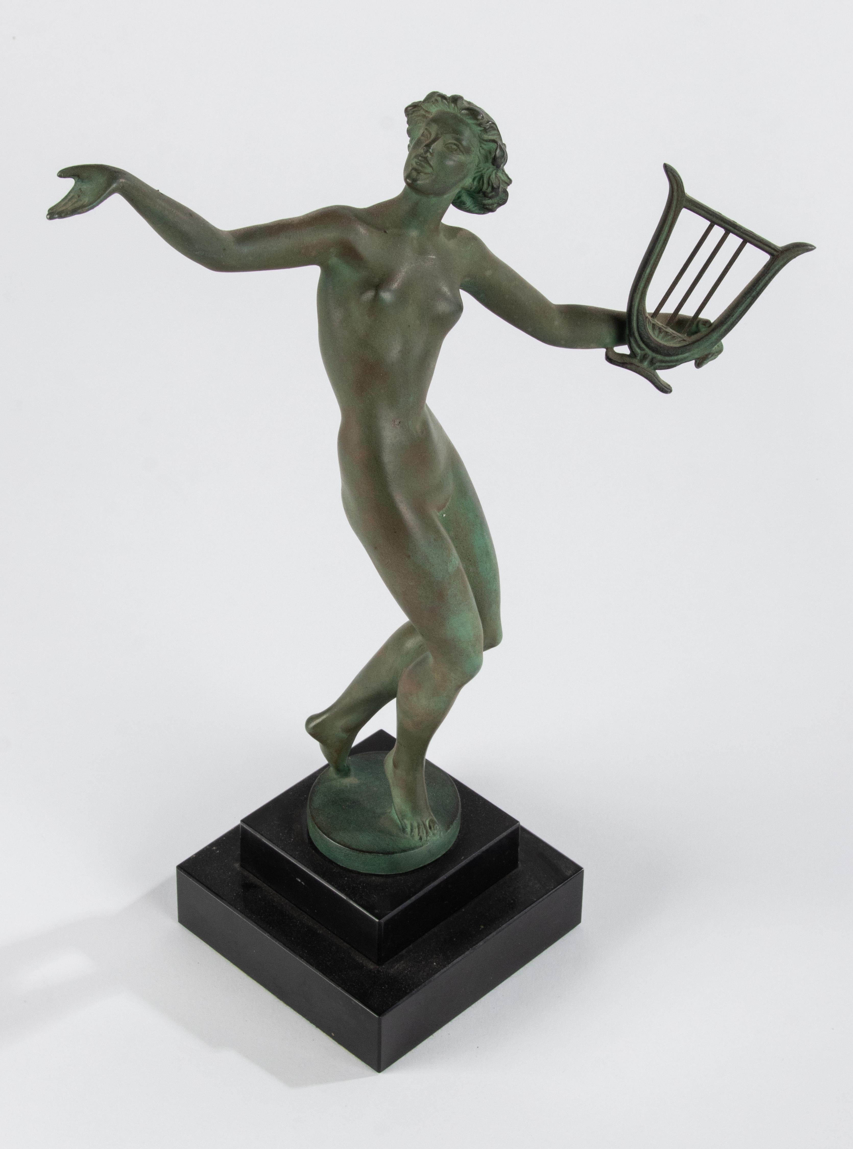 Art Deco Period Green Patinated Spelter Sculpture Woman with Harp For Sale 7