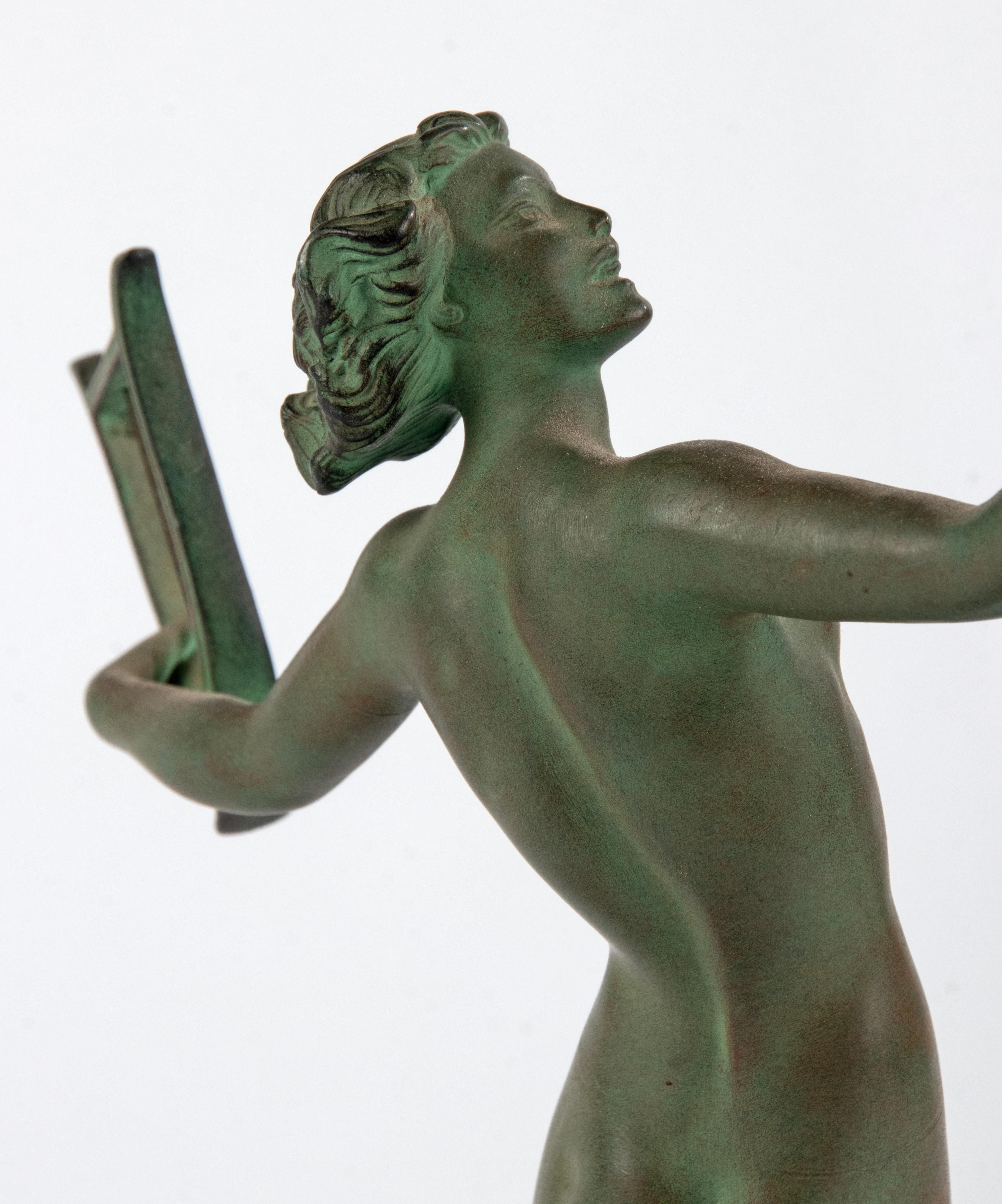 Art Deco Period Green Patinated Spelter Sculpture Woman with Harp For Sale 10