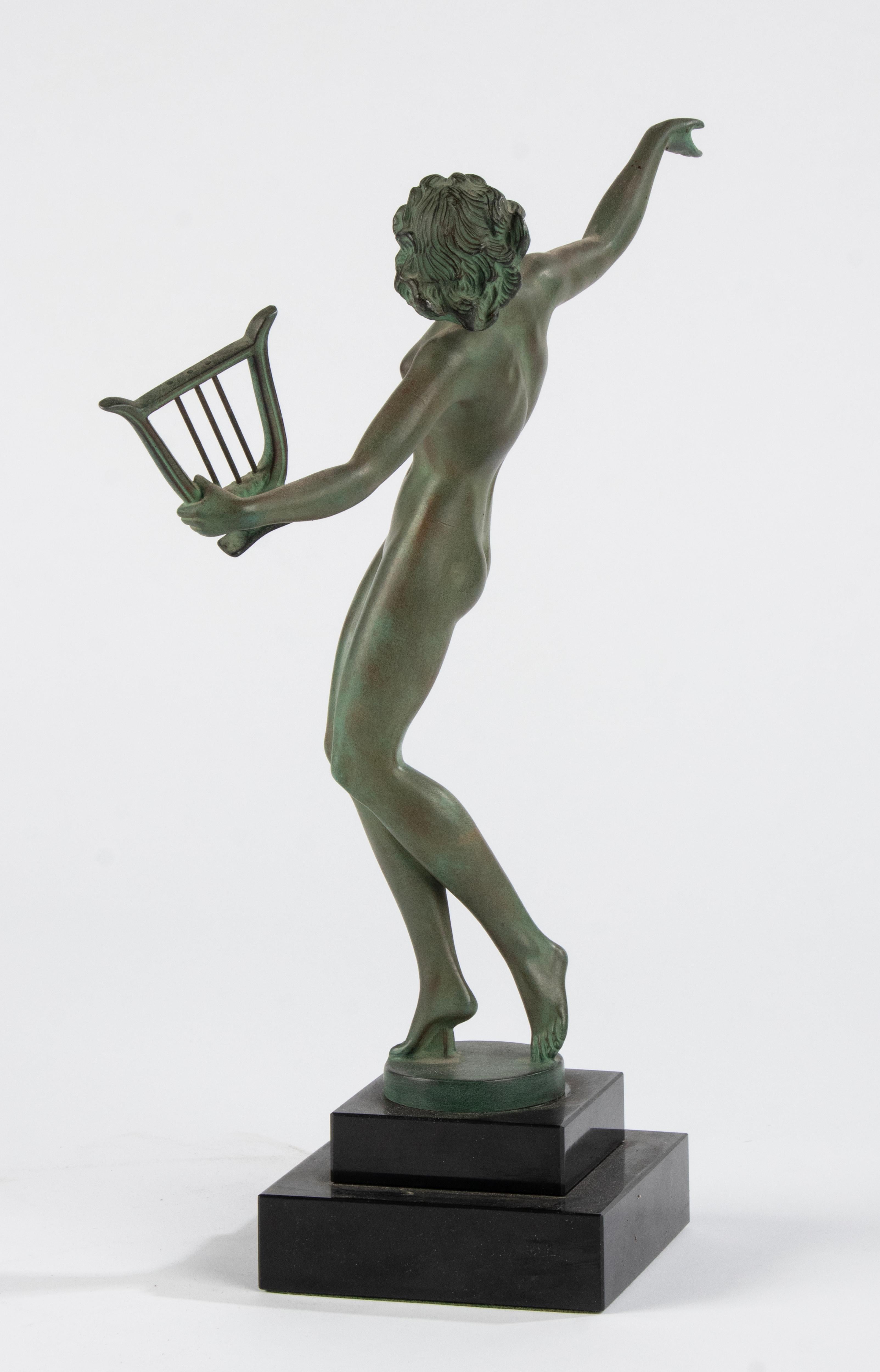 Art Deco Period Green Patinated Spelter Sculpture Woman with Harp For Sale 11