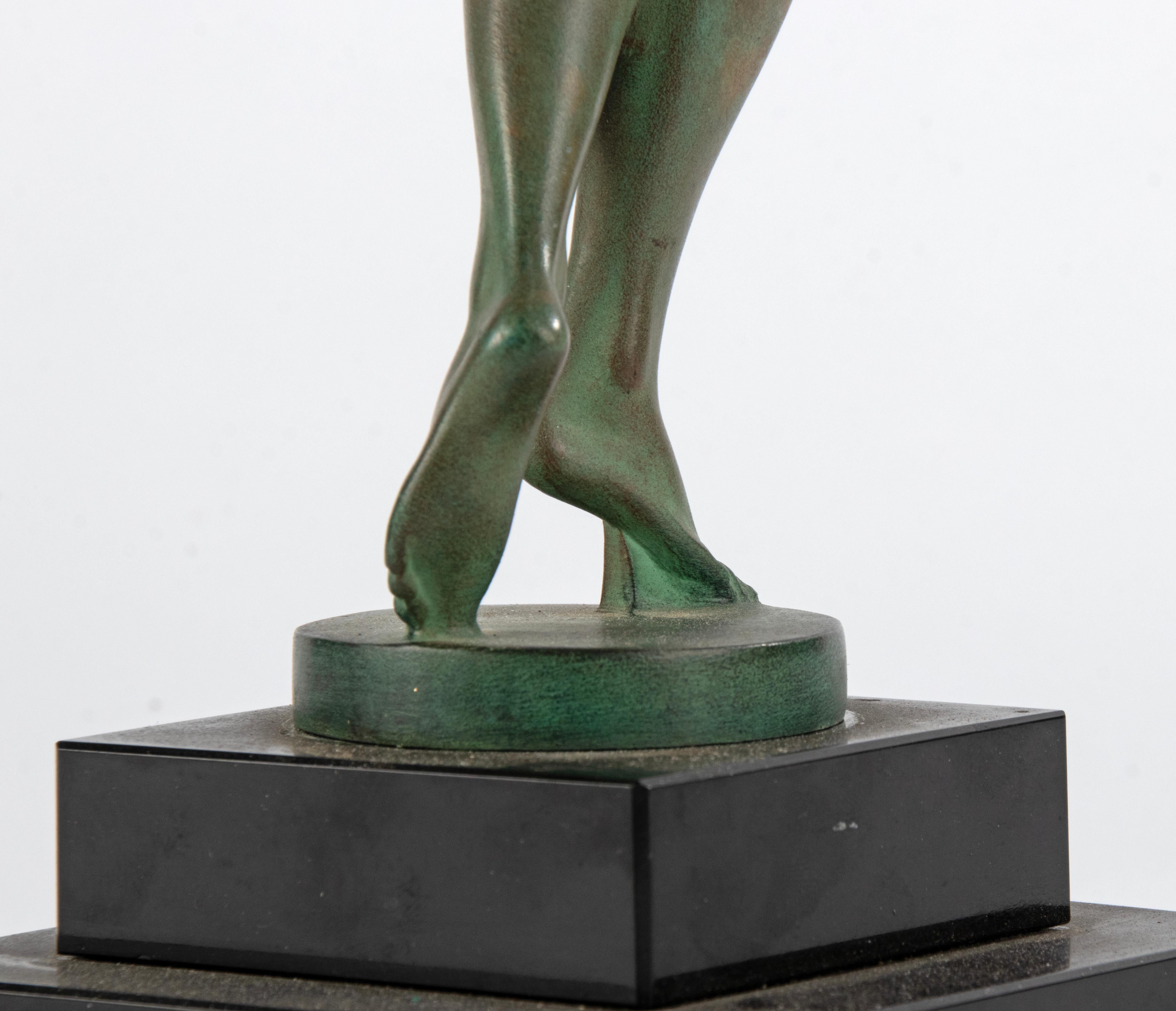 Art Deco Period Green Patinated Spelter Sculpture Woman with Harp For Sale 12