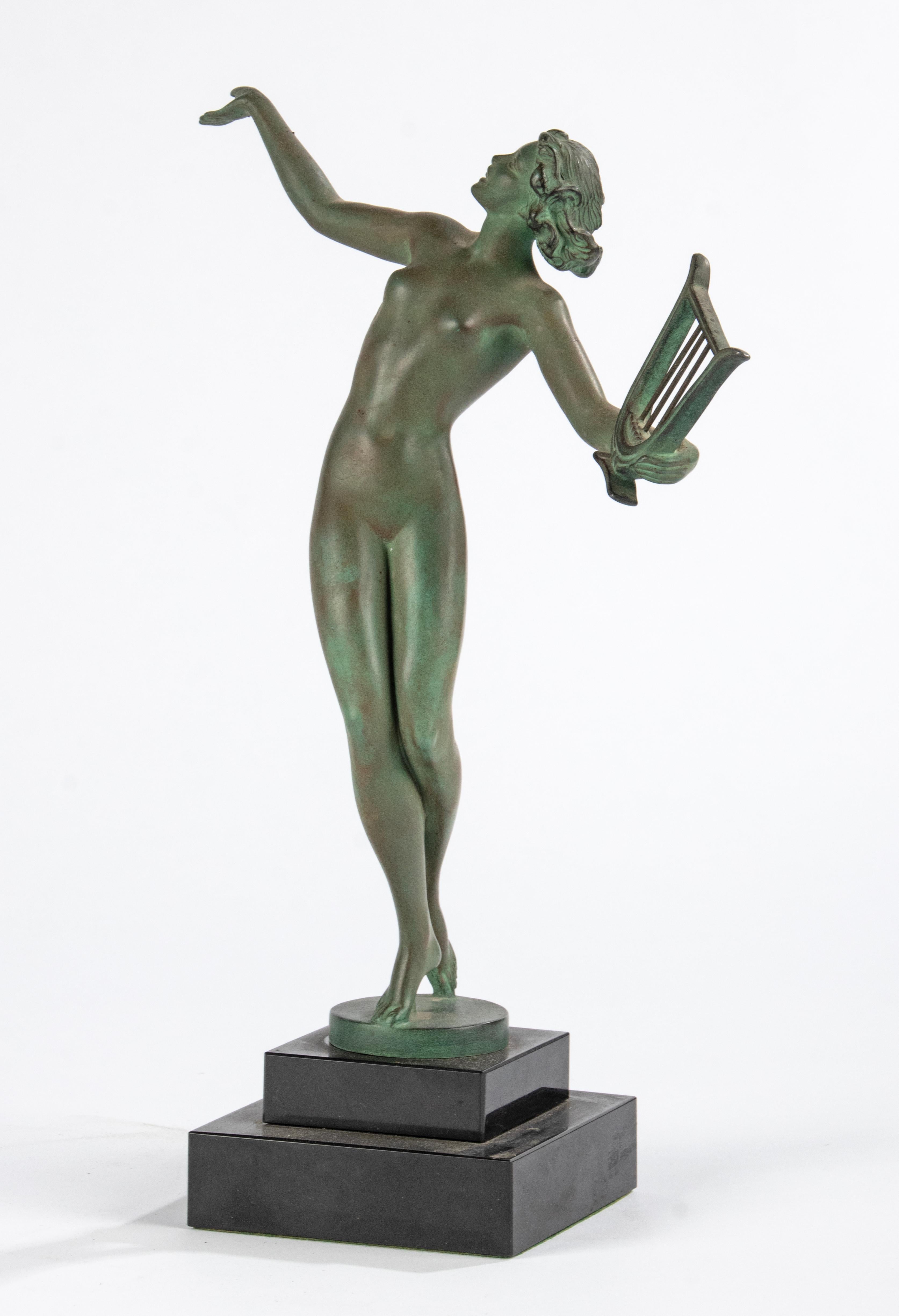 Art Deco Period Green Patinated Spelter Sculpture Woman with Harp For Sale 13