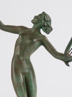 Art Deco Period Green Patinated Spelter Sculpture Woman with Harp