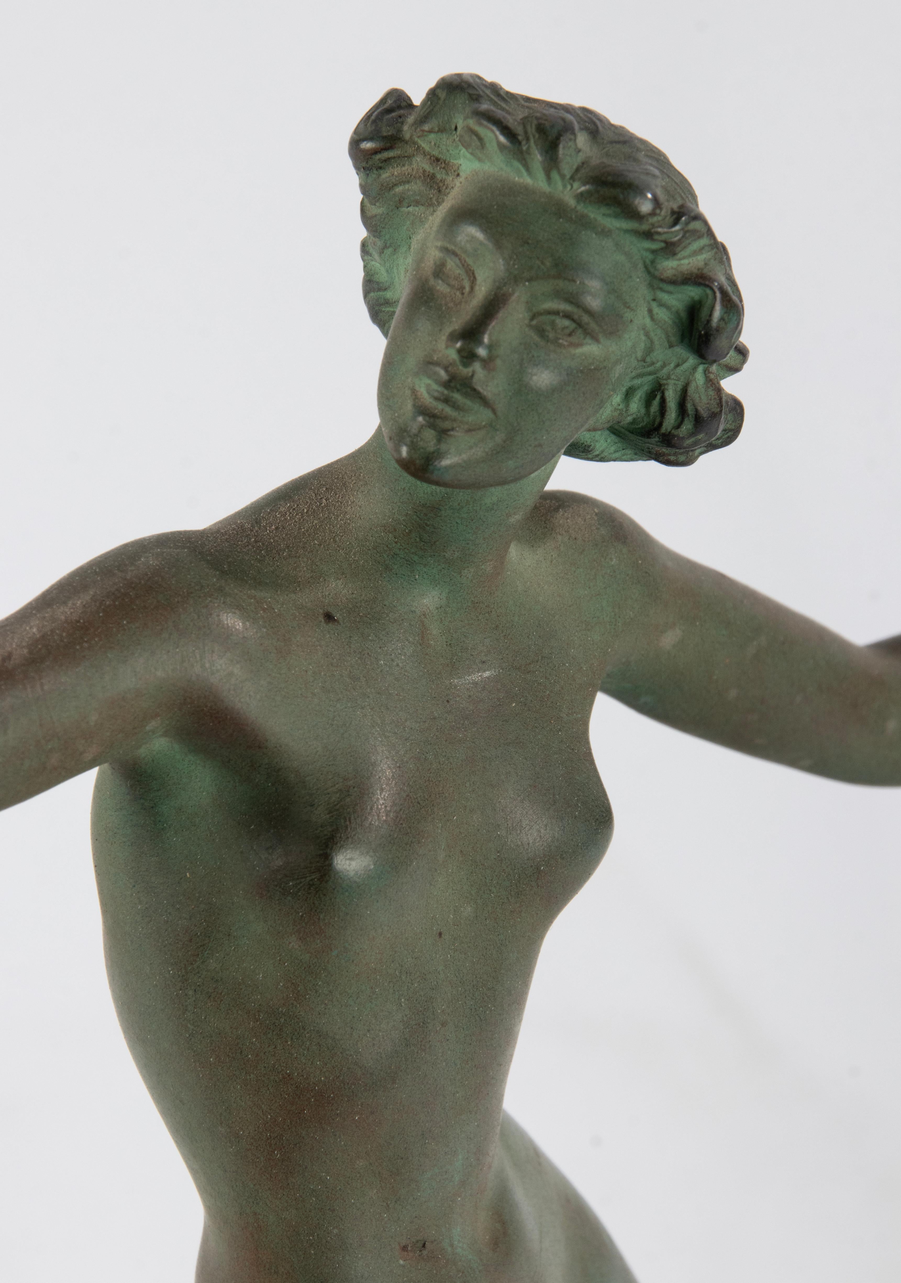 Art Deco Period Green Patinated Spelter Sculpture Woman with Harp For Sale 2