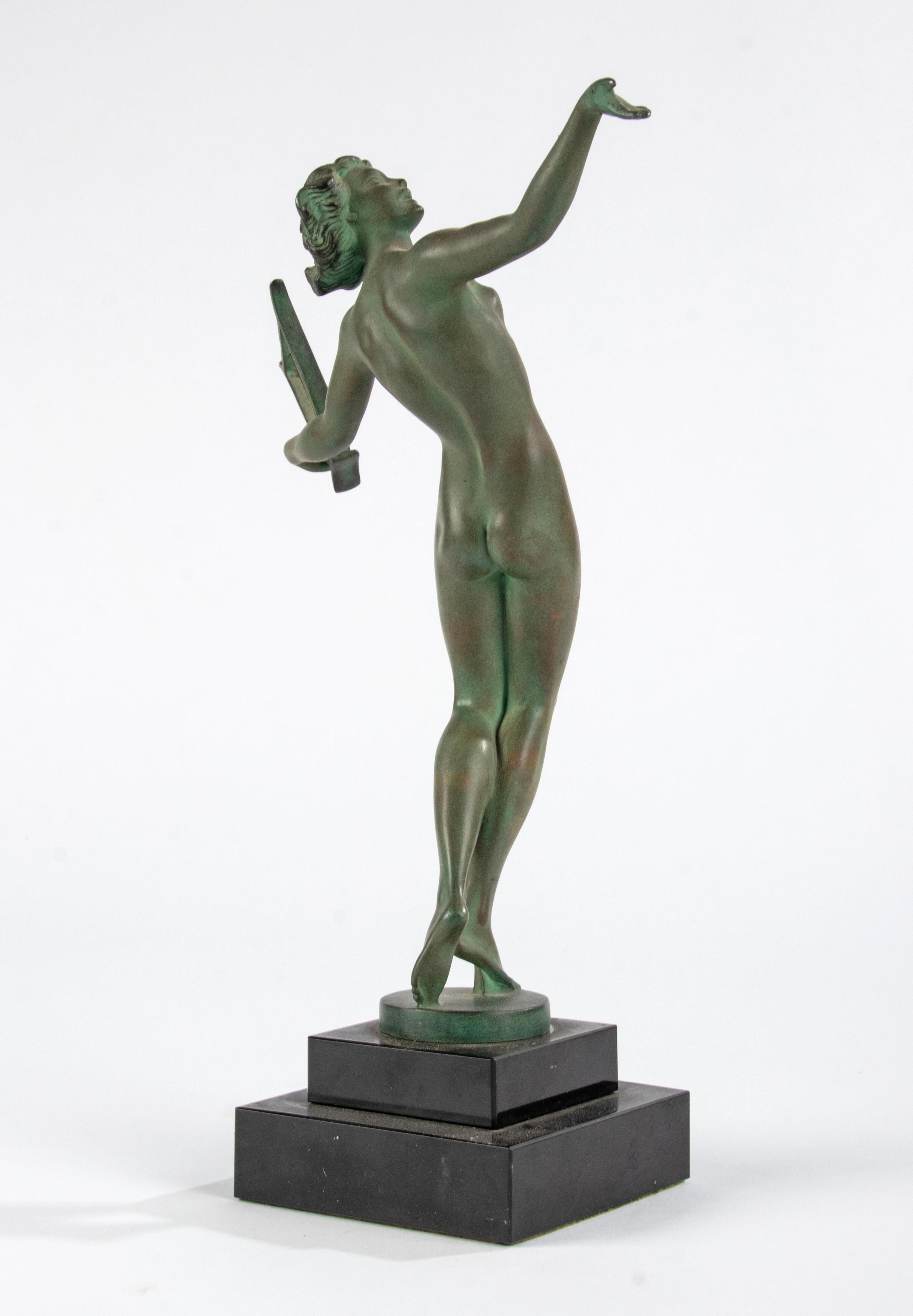 Art Deco Period Green Patinated Spelter Sculpture Woman with Harp 3