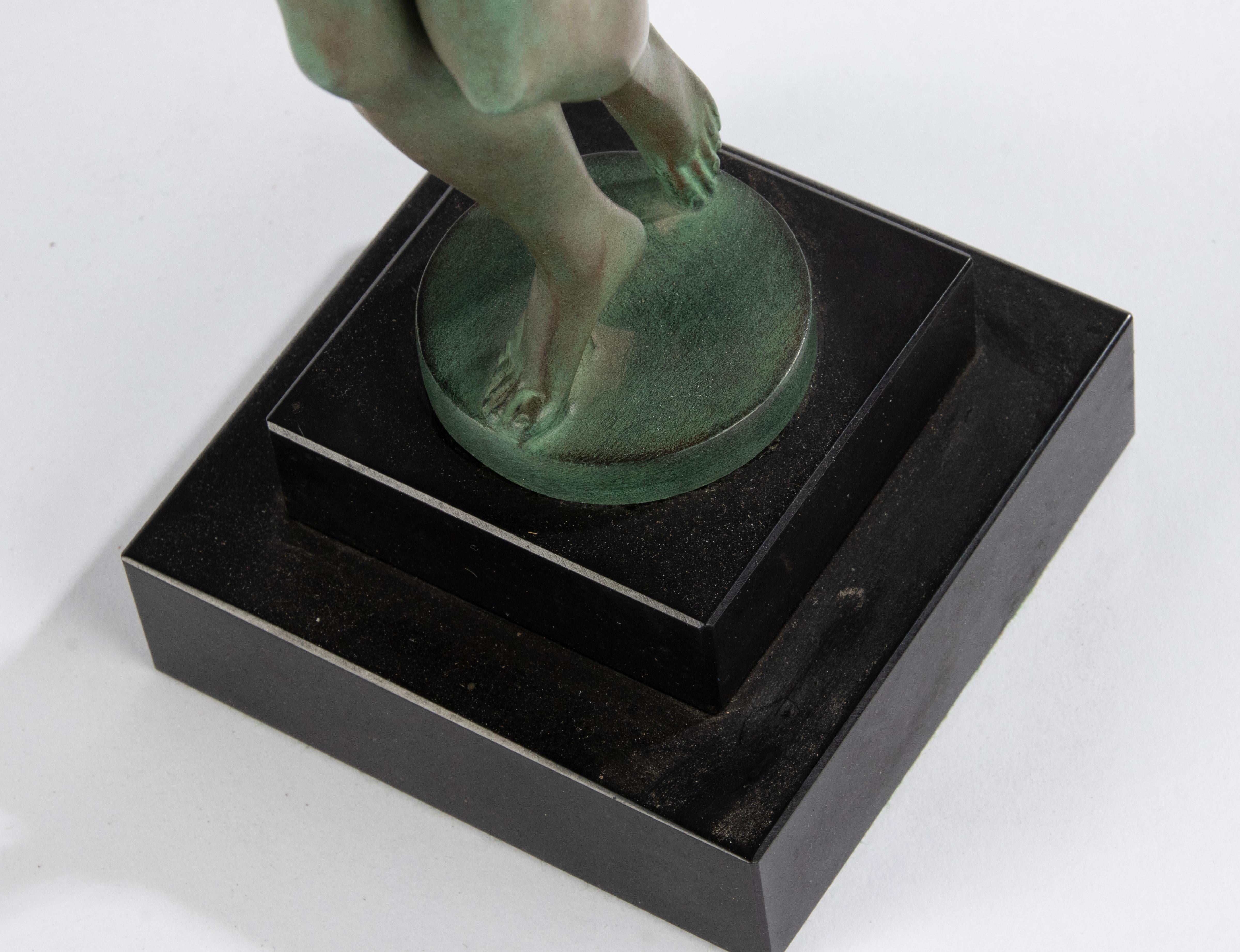 Art Deco Period Green Patinated Spelter Sculpture Woman with Harp For Sale 4