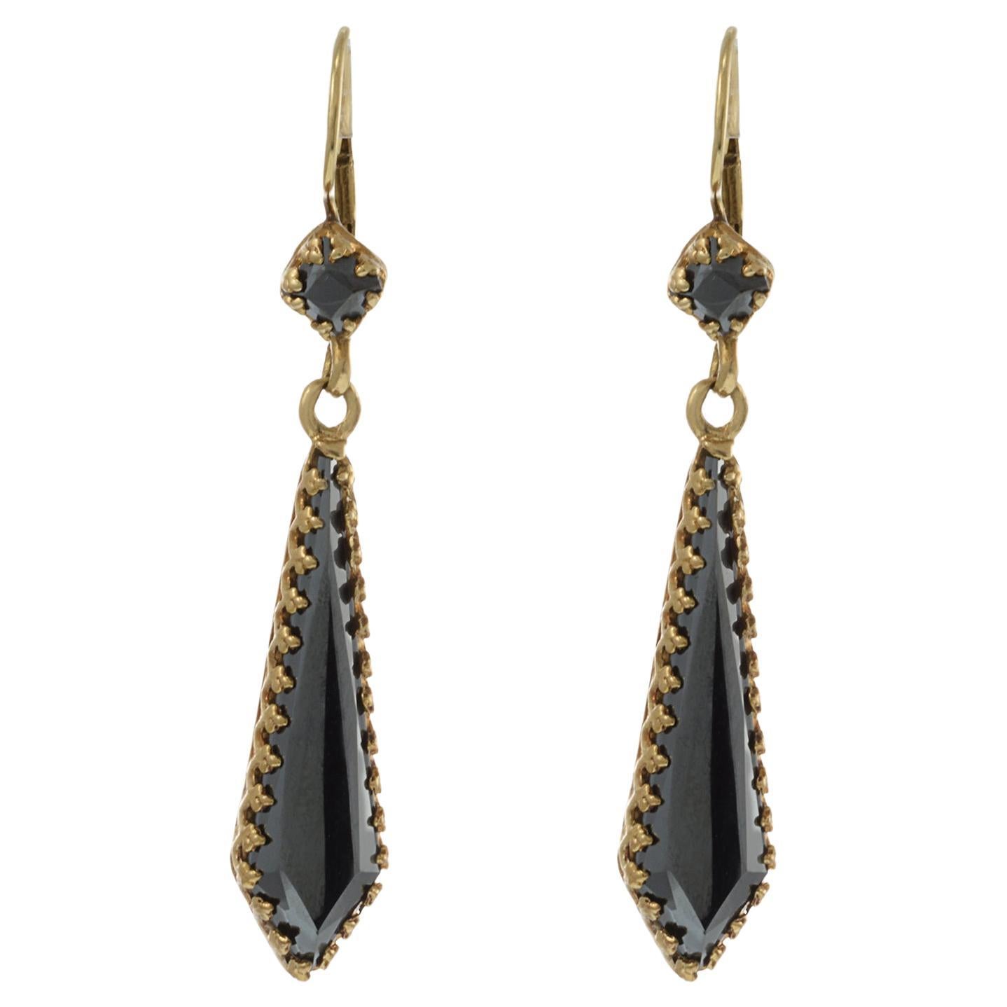 Art Deco Period Hematite Drop Earrings in 14kt Yellow Gold For Sale