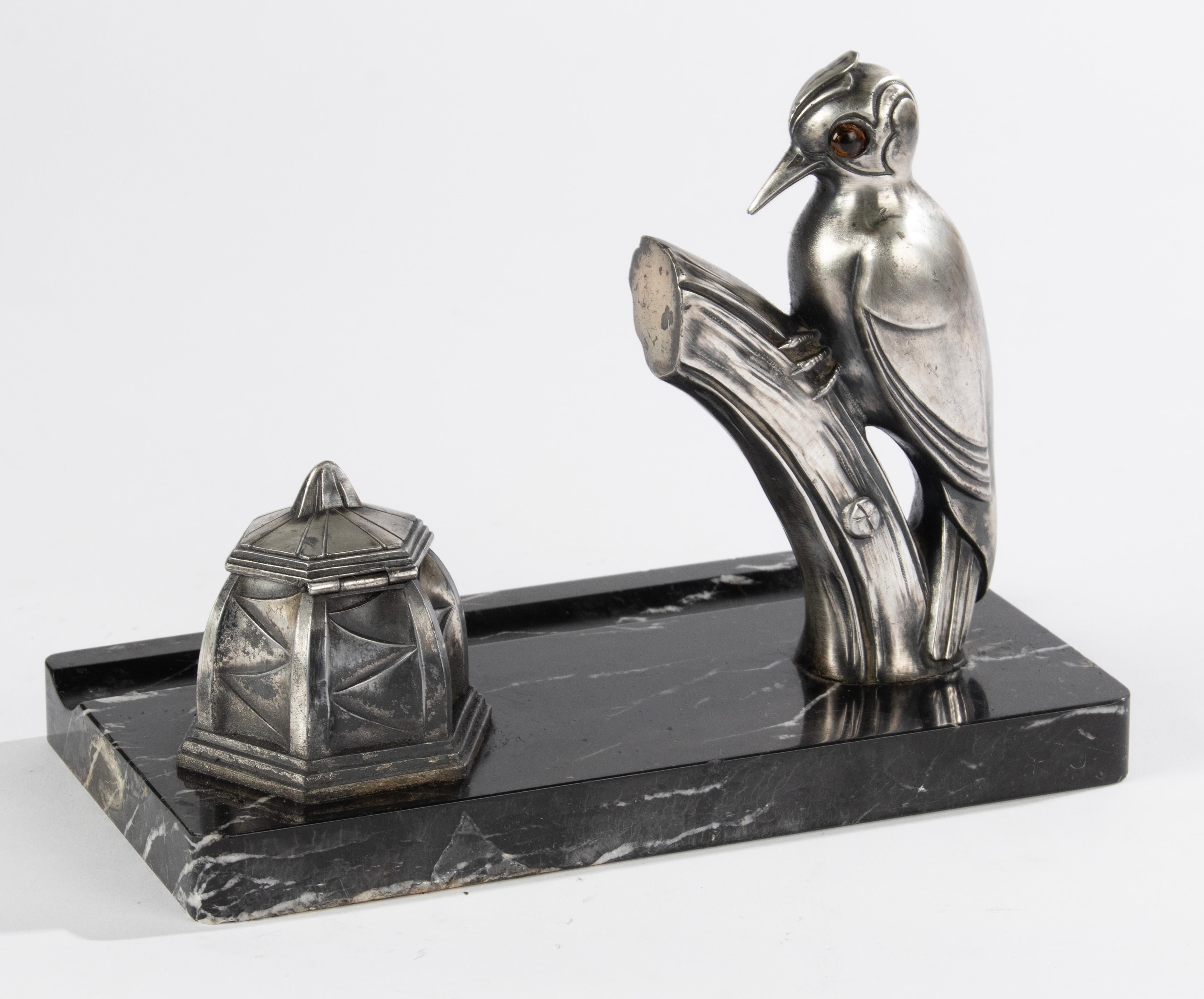 Art Deco Period Inkwell Pencil Holder with Woodpecker - Franjou For Sale 5