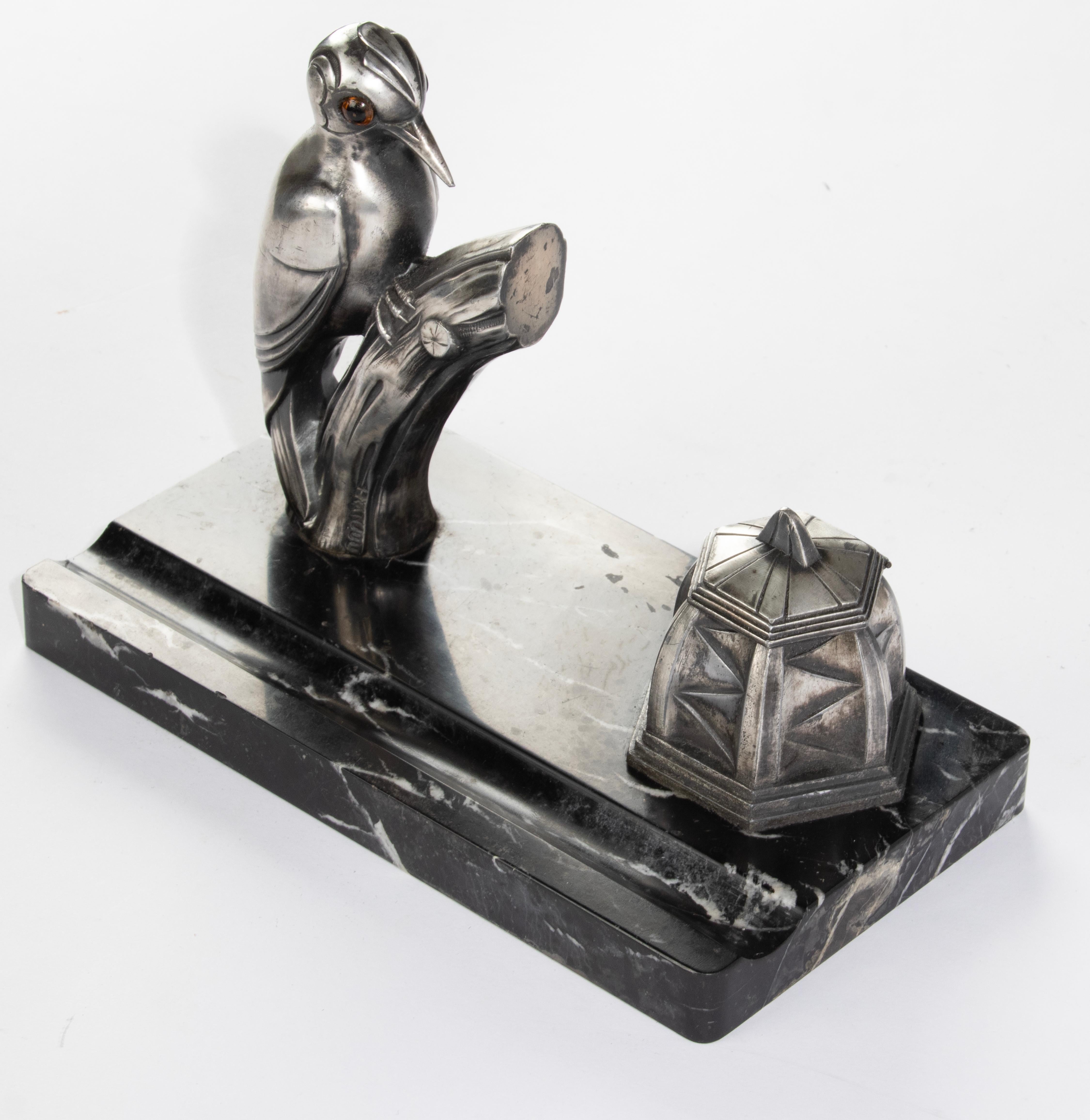 Art Deco Period Inkwell Pencil Holder with Woodpecker - Franjou For Sale 12
