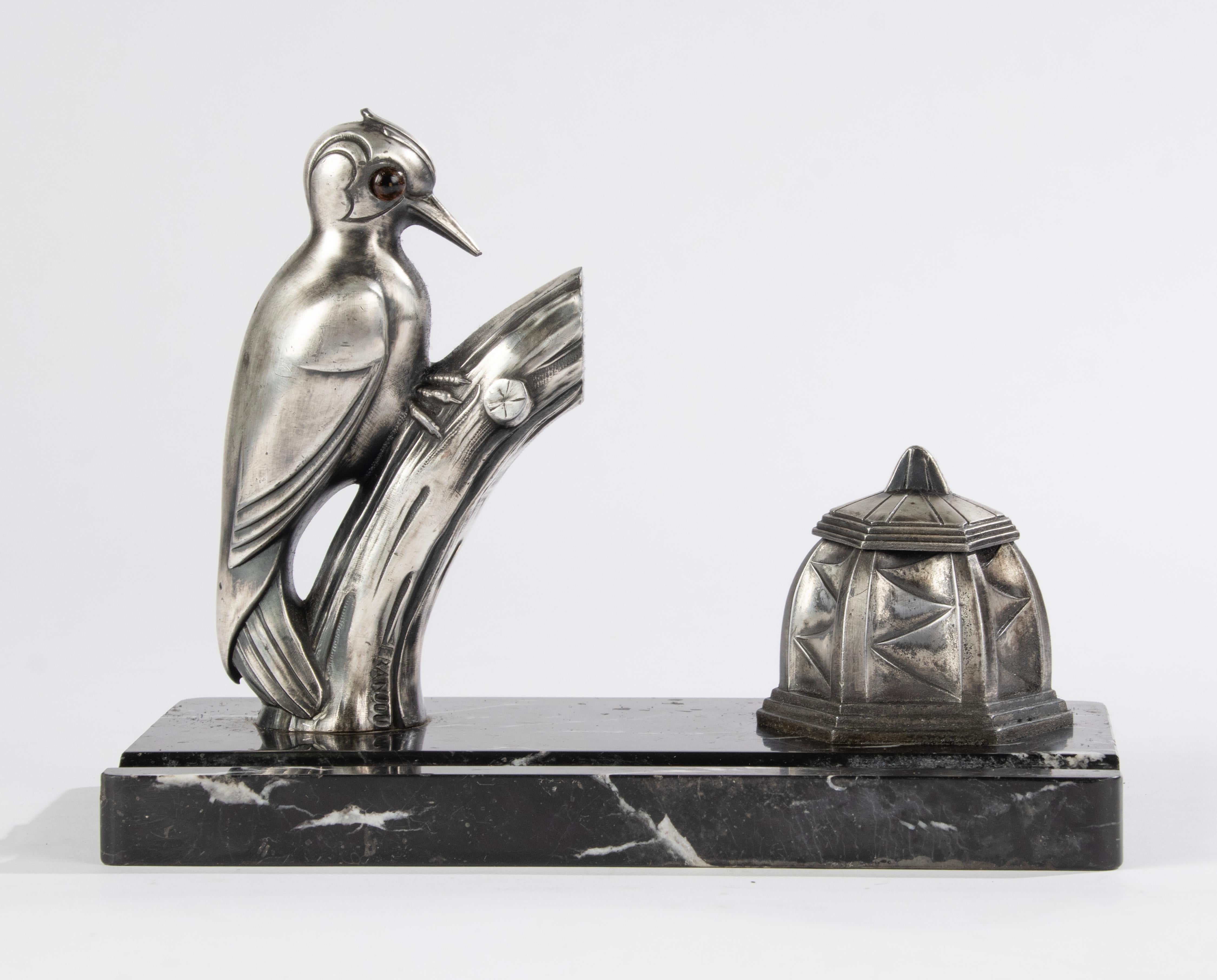 Art Deco Period Inkwell Pencil Holder with Woodpecker - Franjou In Good Condition For Sale In Casteren, Noord-Brabant