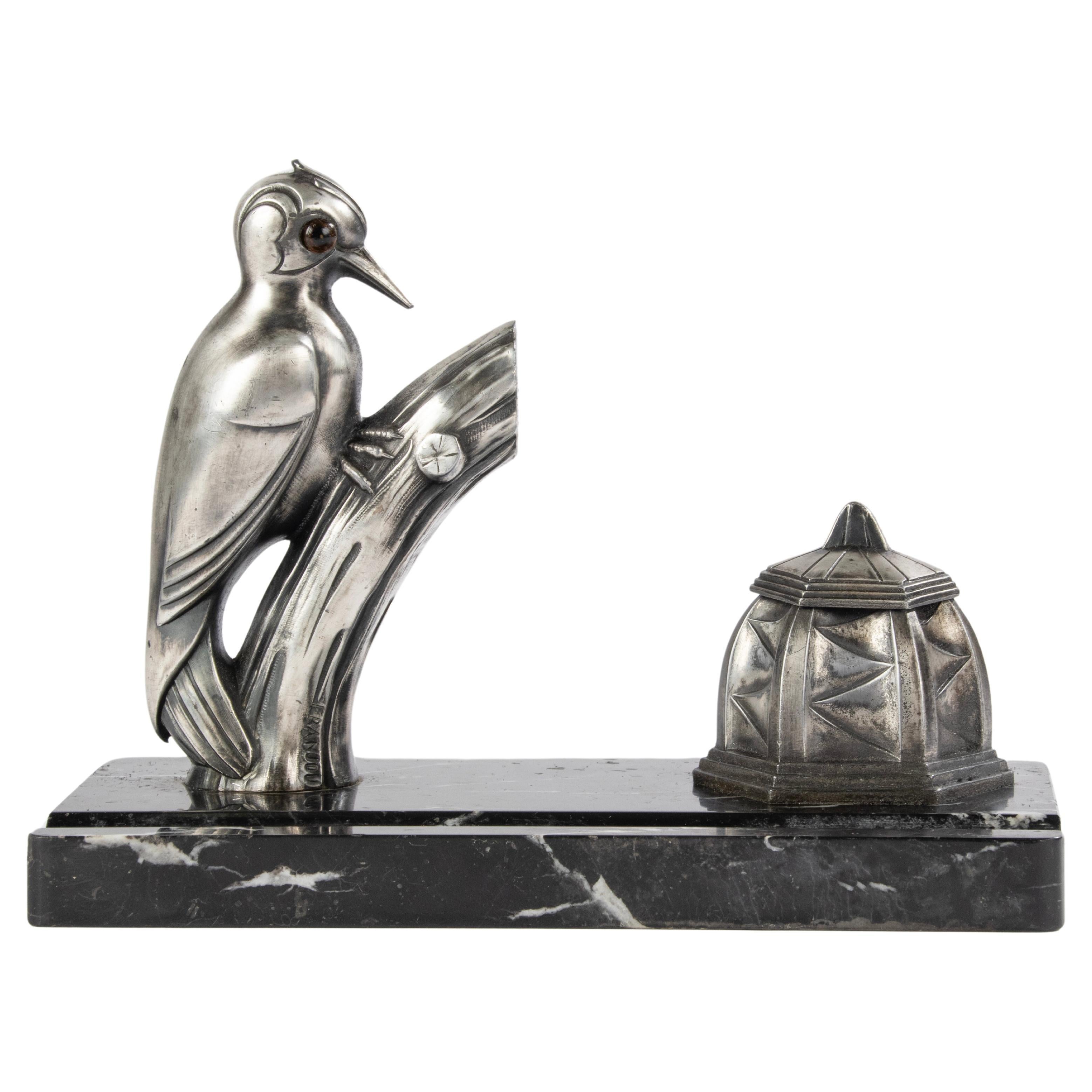 Art Deco Period Inkwell Pencil Holder with Woodpecker - Franjou For Sale