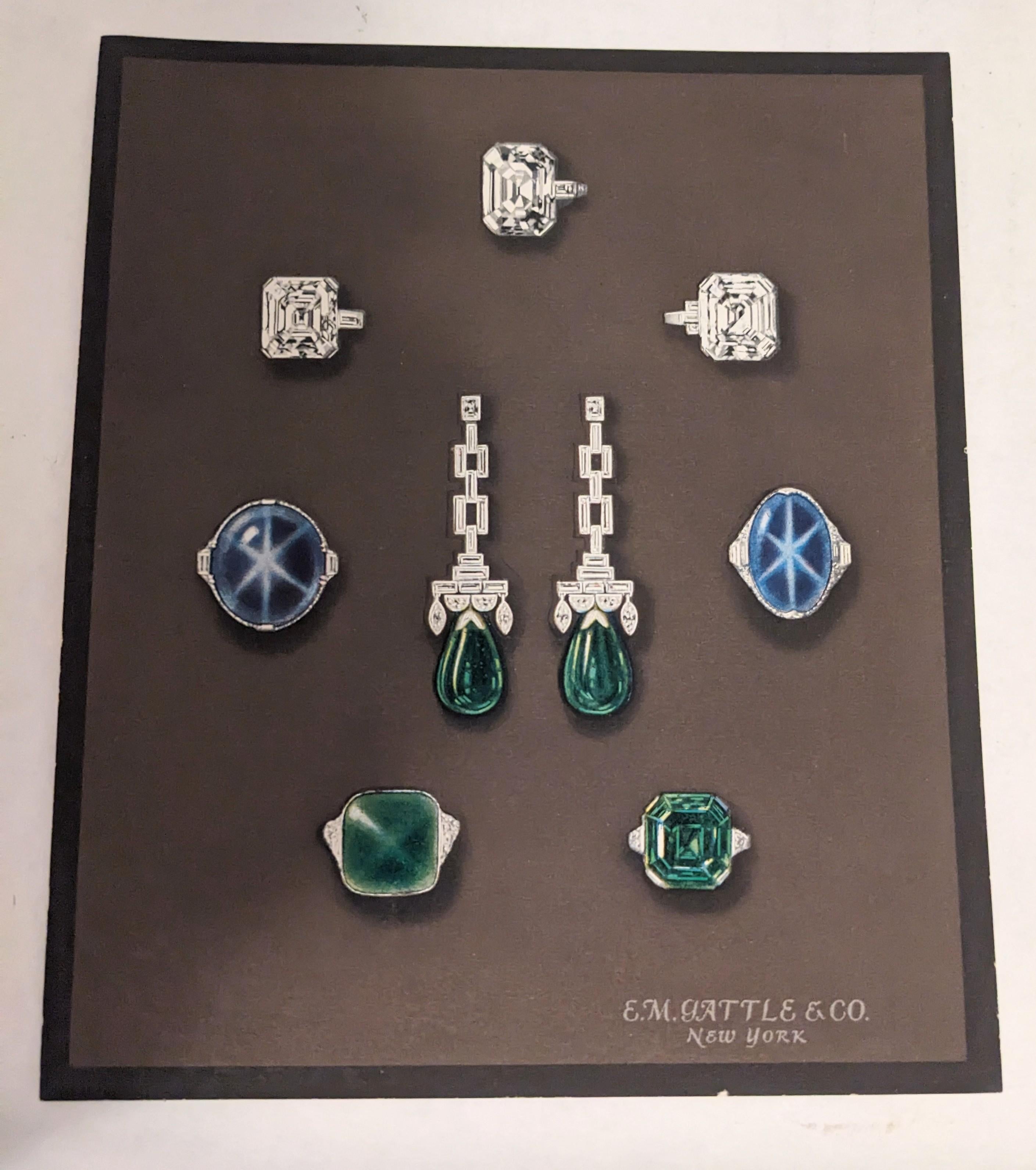 Wonderful folio of Art Deco Period Jewelry Advertisements made for E.M. Gattle and Co. circa 1930's. Made to promote their shops in NY, Atlantic City and Miami Beach. Perfect for framing. 
7 total, 6 with jewelry illustrations. 1930's USA. 