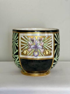 Art Deco Period Limoges Porcelain Cachepot with Iridescent Glaze and Gilt